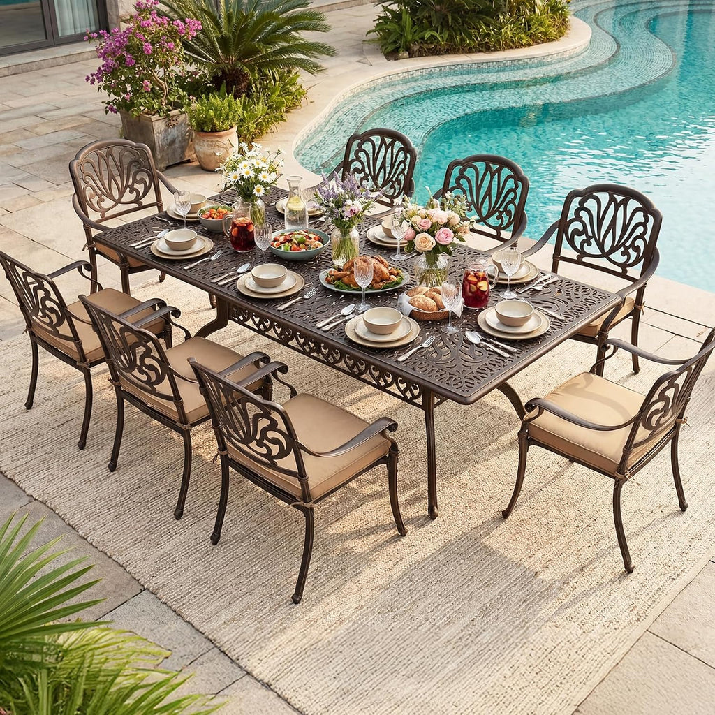 VINGLI 9 Pieces Outdoor Dining Set, Cast Aluminium All-Weather Patio Dining Set for 8 with Umbrella Hole, Outdoor Dining Table and Chairs with Cushion for Yard, Garden, Porch and Poolside, Bronze