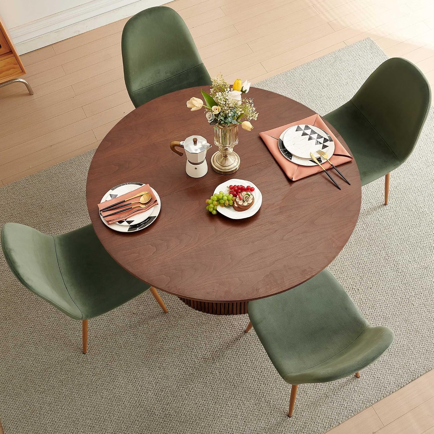 Dining Table Set for 4, Mid Century Modern 47 Inch Wooden Round Dining Table Set, Space Saving (Table + 4 Green Chairs)