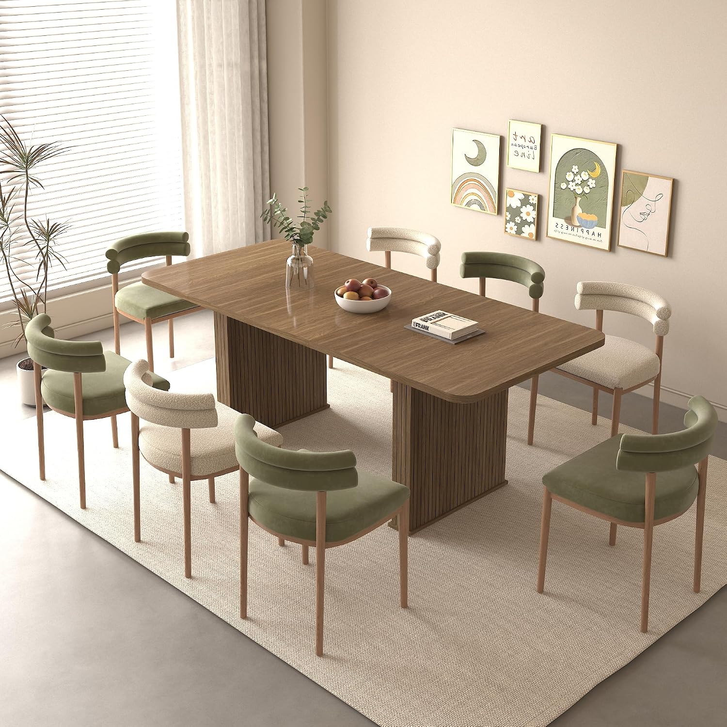78.74'' Extendable Rectangular Dining Table for 4-8, Modern Mid-Century Wood Expandable Kitchen Dinner Conference Table for Living Room Office, Double Robust Pedestal, Brown