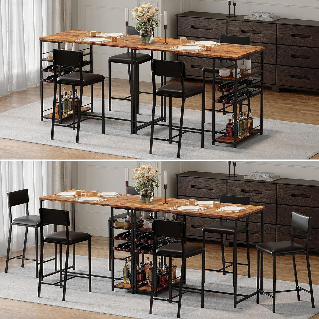 Dining Table Set for 2, Counter Height Table with 2 Upholstered Chairs and Storage Shelves, Bistro Table and Chair Set of 2, Kitchen Table Set for Small Space (Brown Table and 2 Upholstered Chairs)