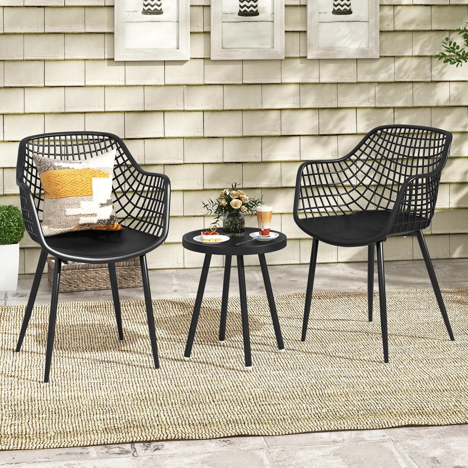 Tangkula 3 Piece Patio Bistro Set, All Weather Heavy Duty Table and Chairs Set of 2 with Widen Seats, Outdoor Furniture Set for Porch, Balcony, Backyard (Black)
