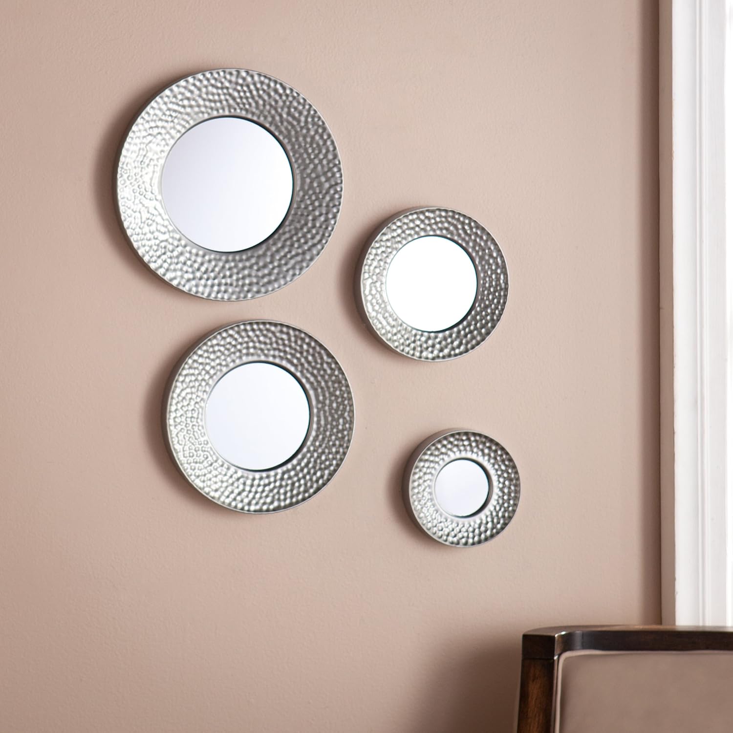 SEI Furniture - Callari Silver Sphere Wall Mirror - 4 Piece Set- Hammered Silver - Transitional Design, Iron - Fully Assembled - Ideal for Bathroom, Entryway (WS6825)