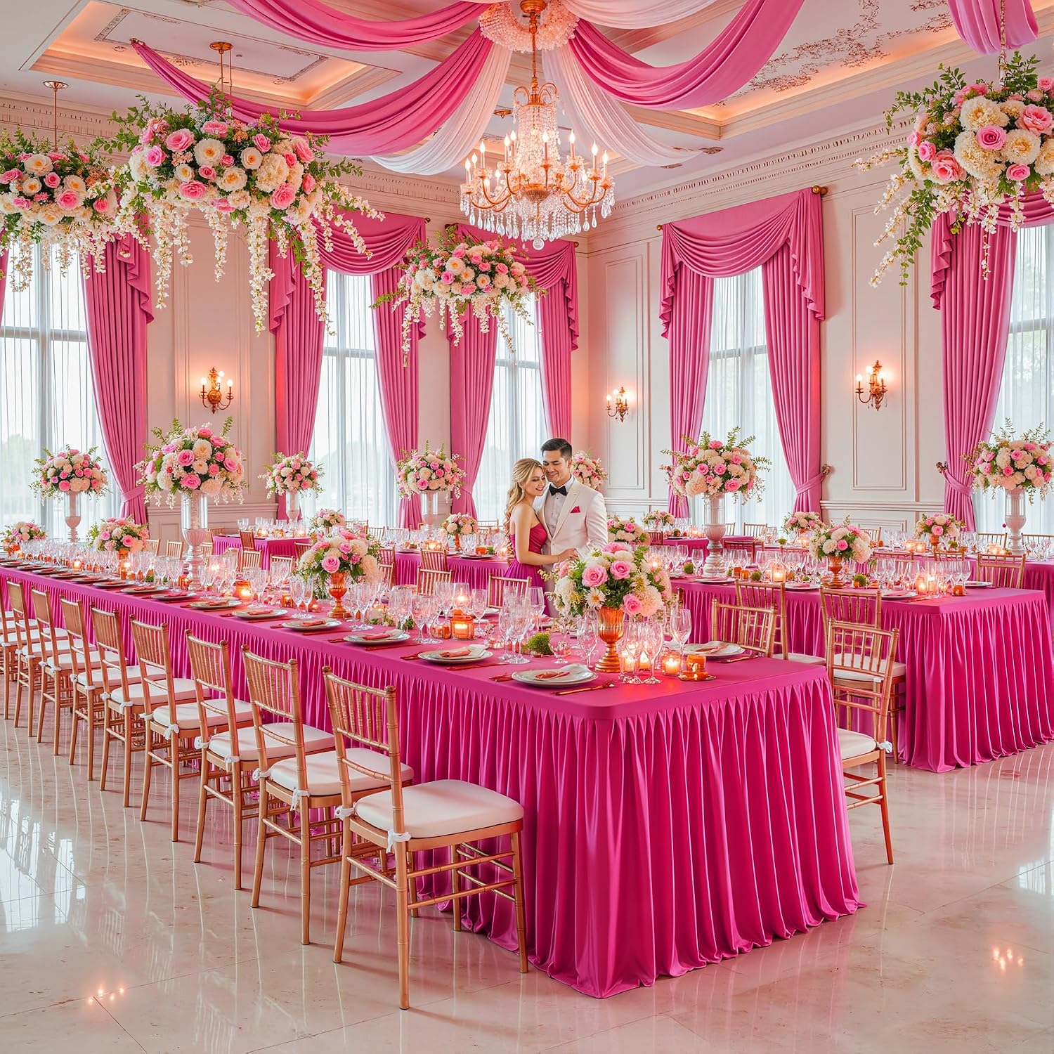 6 Packs Hot Pink Tableclothes for 6 Foot Rectangle Tables, Wrinkle Free Fitted Table Cloth 6ft Stretch Table Cover with Skirt for Parties Weddings Birthday Banquet Baby Shower