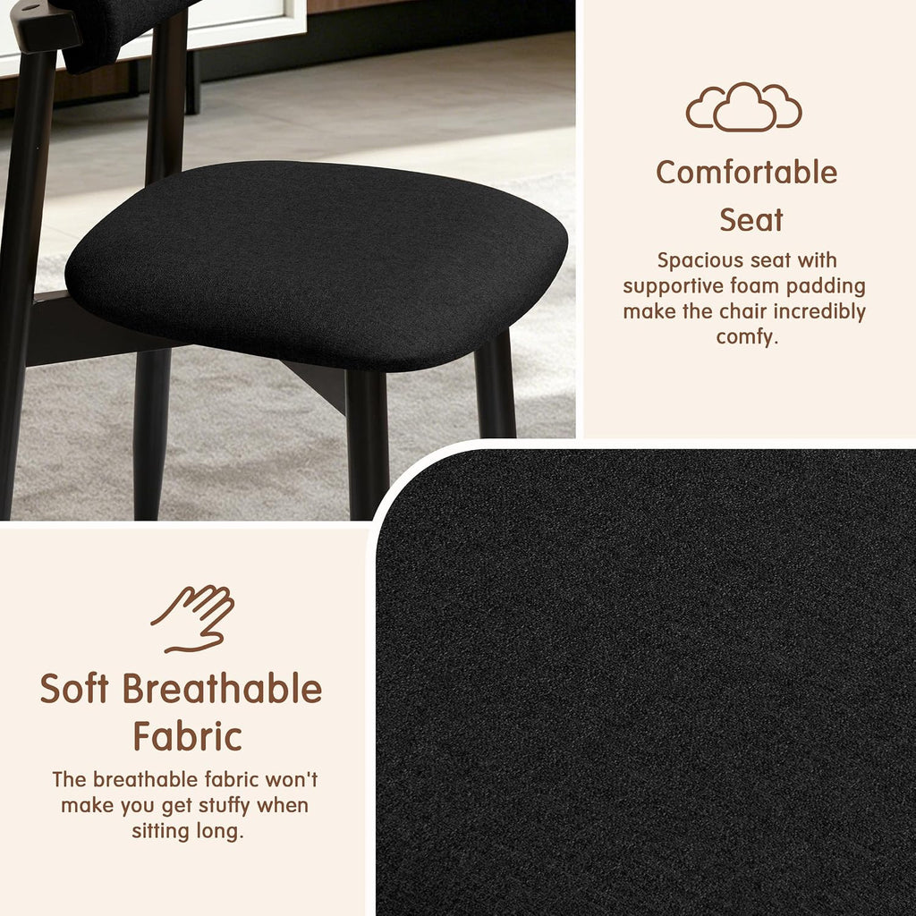 CHUN YI Dining Chairs Set of 4, Upholstered Solid Wood Dining Room Chairs, Mid Century Modern Fabric Kitchen Chairs with Ergonomic Curved Back, Black (Only Chairs)