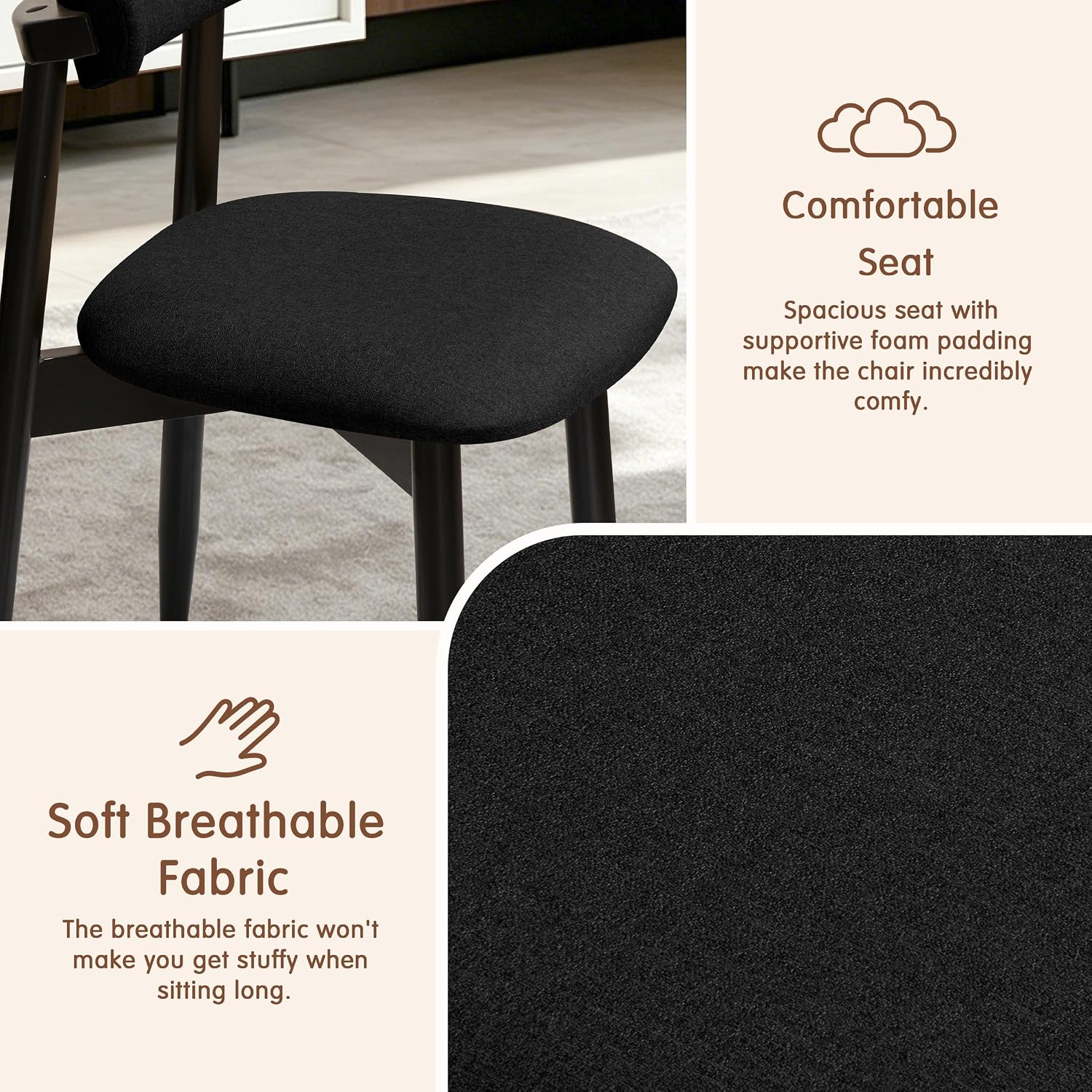 CHUN YI Dining Chairs Set of 4, Upholstered Solid Wood Dining Room Chairs, Mid Century Modern Fabric Kitchen Chairs with Ergonomic Curved Back, Black (Only Chairs)
