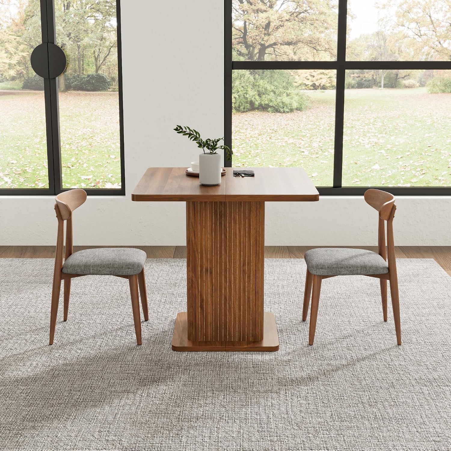 Small Square Dining Table for 2-4, 31.5 Inch Farmhouse Kitchen Table with 2-Tier Storage Shelf, Modern Wood Dinner Furniture with Fluted Doors, Dining Room, Living Room, Space Saving, Walnut