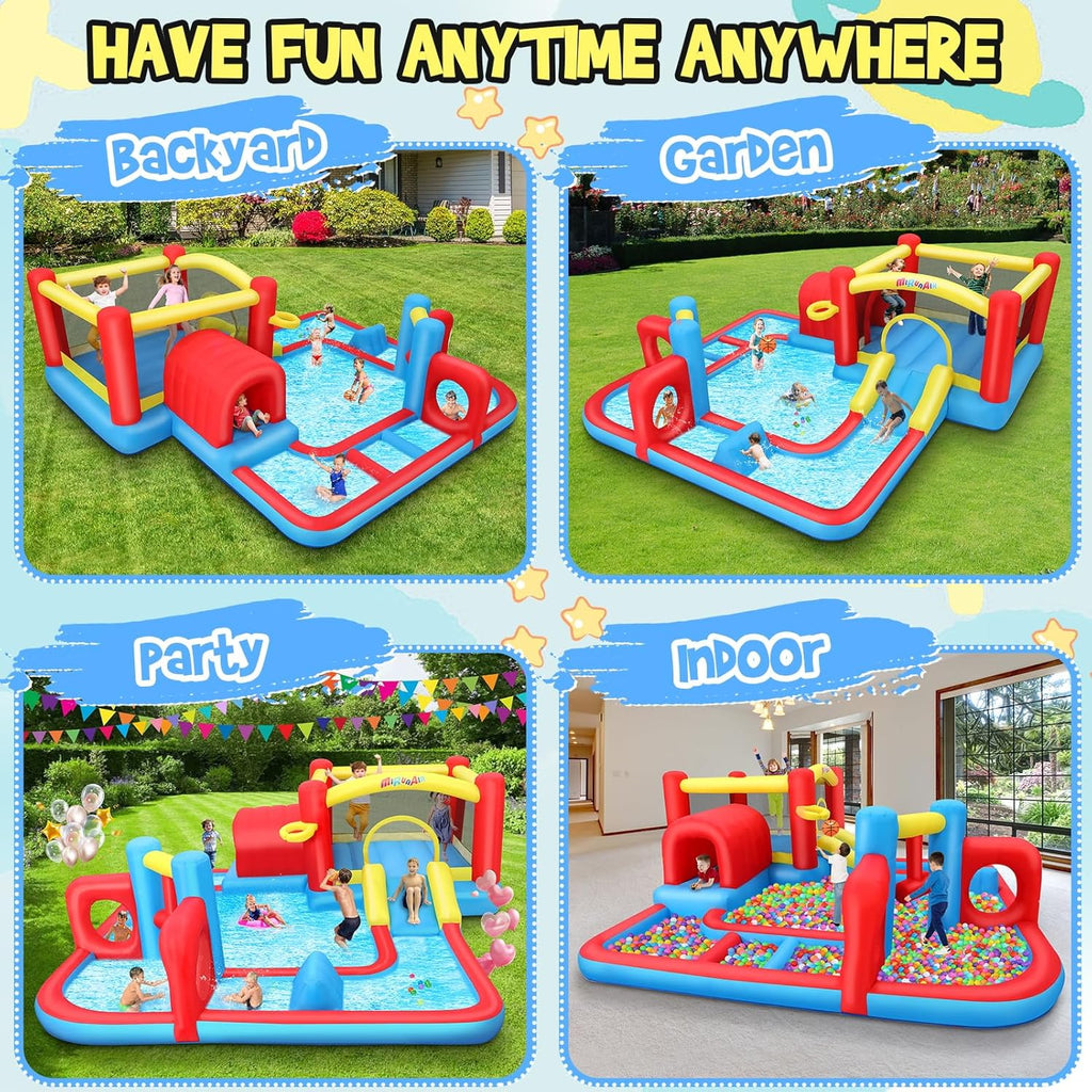 Whubefy Inflatable Water Slide Bounce House Obstacle Course for Kids Backyard Blow Up Water Park w/ 14.3x14.3 ft Large Pool, Sprinkler Hammer, Play Tunnel, Double Ring & Multi-Shape Obstacle Challenge