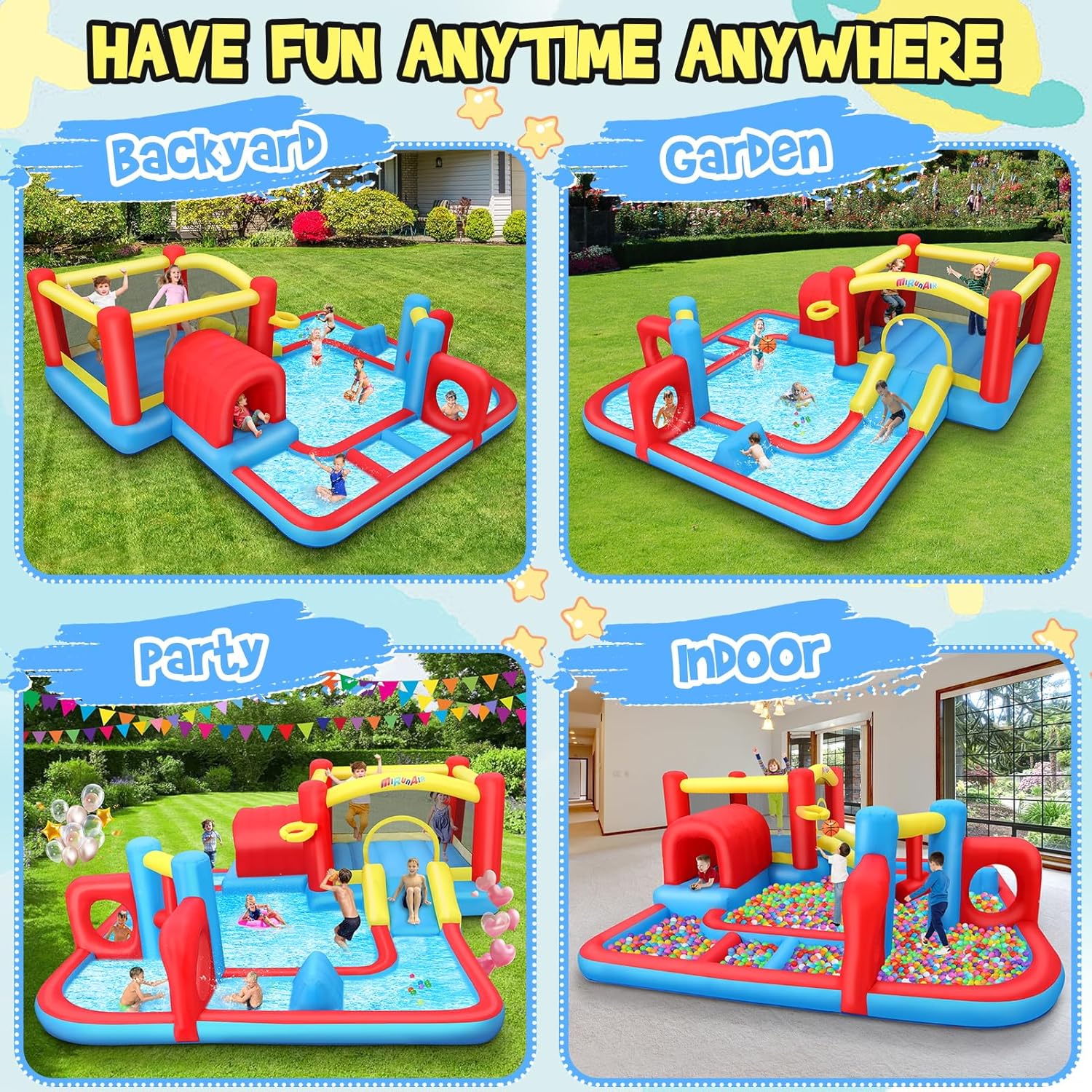 Whubefy Inflatable Water Slide Bounce House Obstacle Course for Kids Backyard Blow Up Water Park w/ 14.3x14.3 ft Large Pool, Sprinkler Hammer, Play Tunnel, Double Ring & Multi-Shape Obstacle Challenge