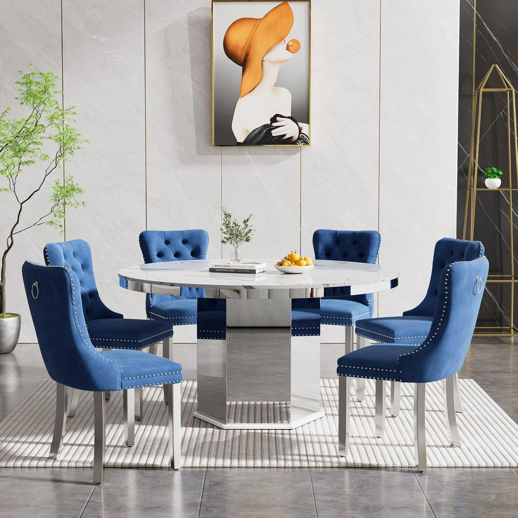7 Pieces 47'-63' White Faux Marble Extendable Dining Table Set, Round Expanding Kitchen and Dining Room Table Set for 6 with Mirrored Acrylic Base & Blue Velvet Upholstered Chairs