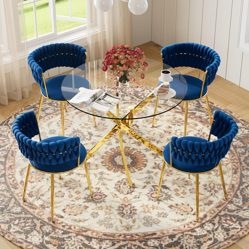 Round Glass Dining Table Set for 4, 36'' Small Circle Glass Kitchen Table with 4 Luxury Blue Gold Velvet Dining Chairs, 5-Piece Dining Room Table Set for Small Place(Gold Base)