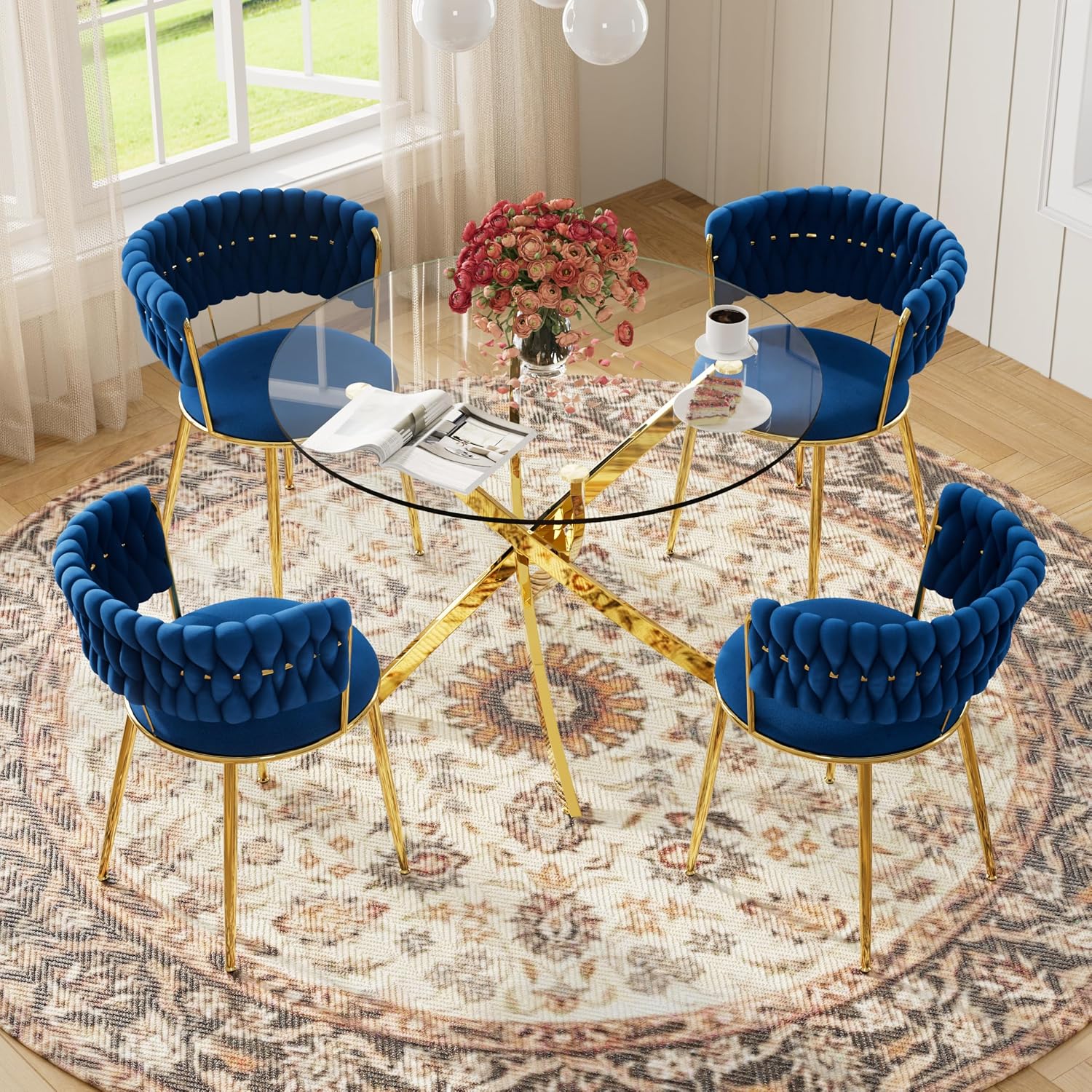 Round Glass Dining Table Set for 4, 36'' Small Circle Glass Kitchen Table with 4 Luxury Blue Gold Velvet Dining Chairs, 5-Piece Dining Room Table Set for Small Place(Gold Base)
