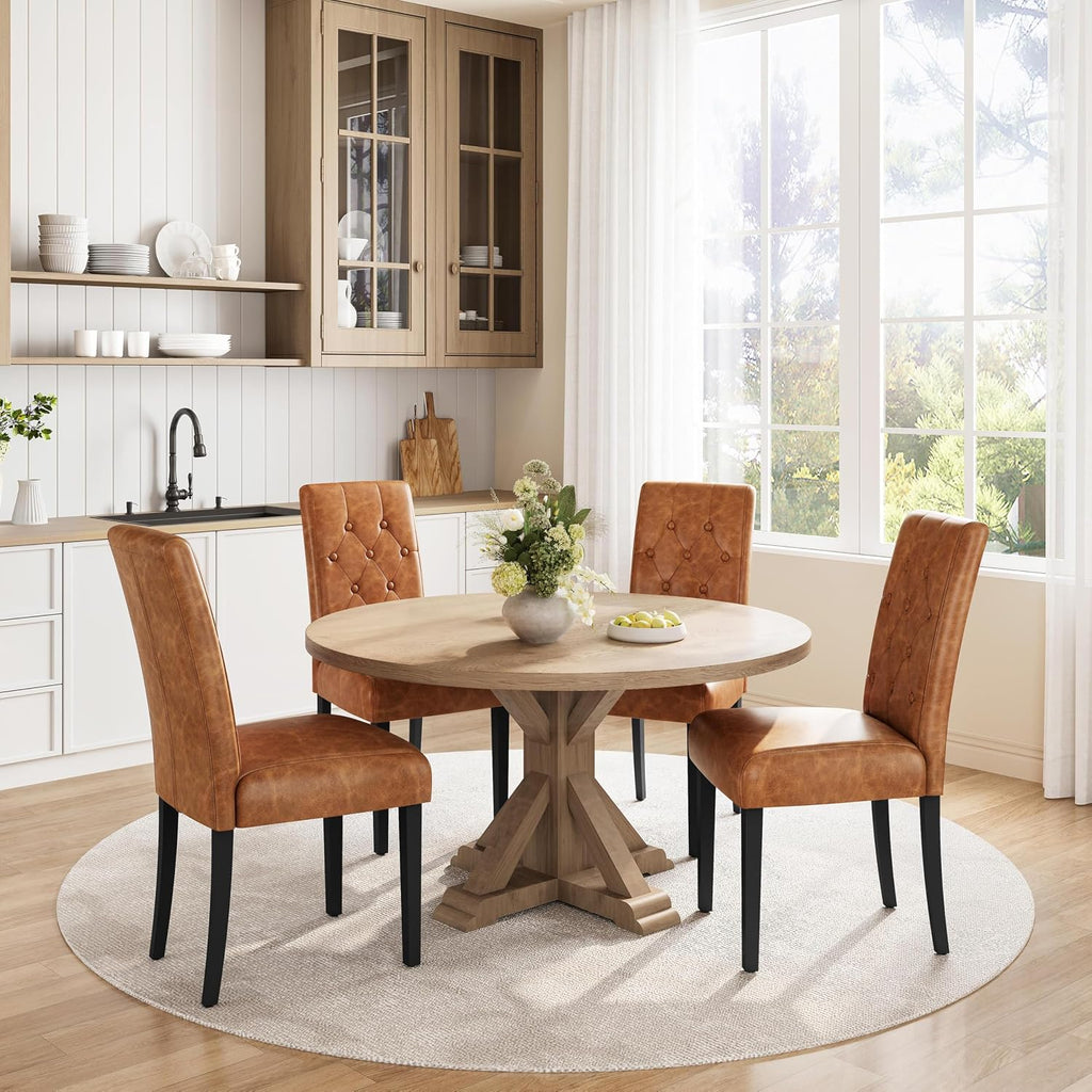 Yaheetech Dining Chairs Set of 4 Modern Style Faux Leather Dining Room Chairs with Solid Wood Legs and Button Tufted Padded for Home Kitchen, Retro Brown
