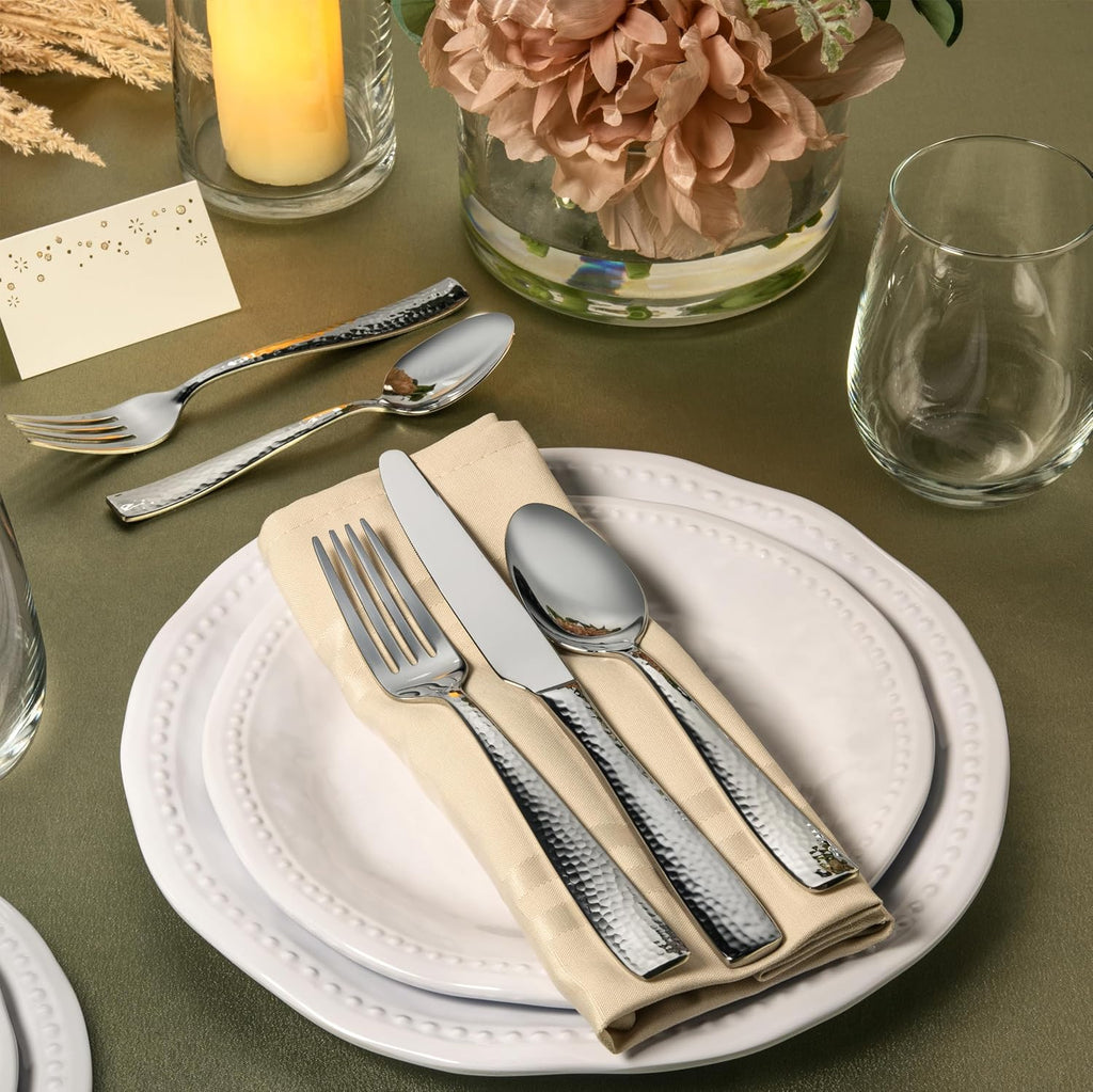Hudson Essentials 48-Piece Hammered 18/10 Stainless Steel Silverware Cutlery Set with Serving Set, Flatware Service for 8