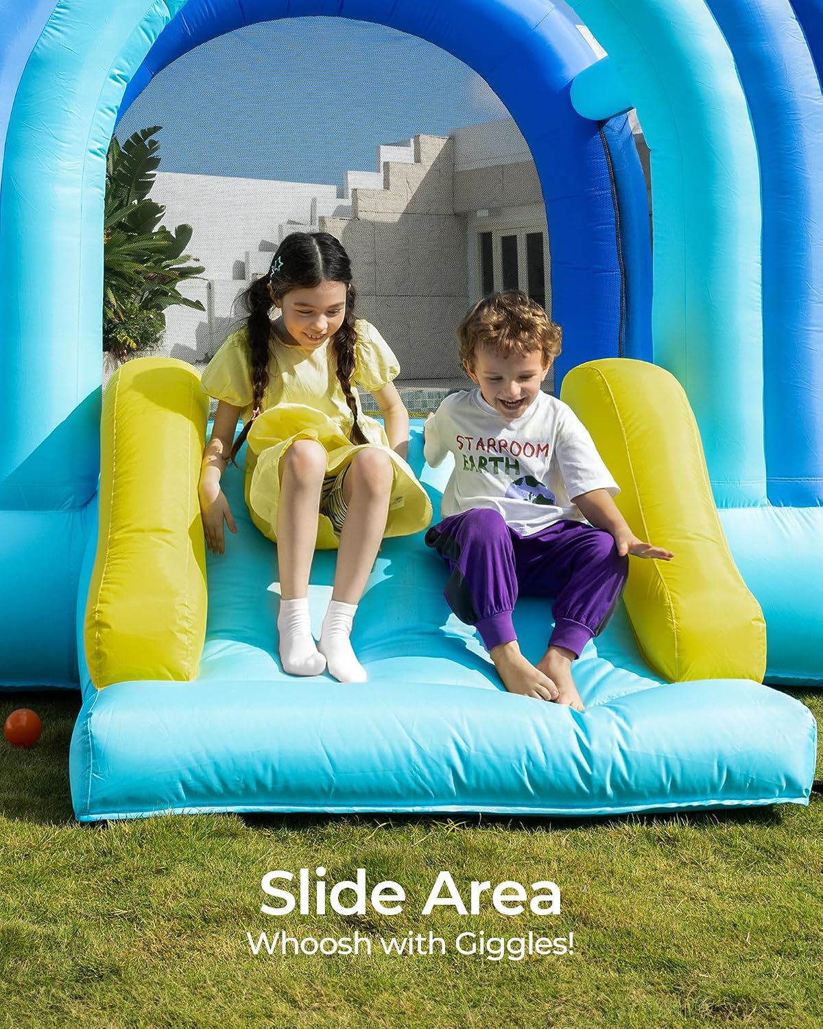 Outfunny Bounce House with Slide, Inflatable Bouncy House for Kids 3-12 w/Ball Pit, Outdoor & Indoor, Bounce Area 8'x8', Capacity 400 lb - Blue
