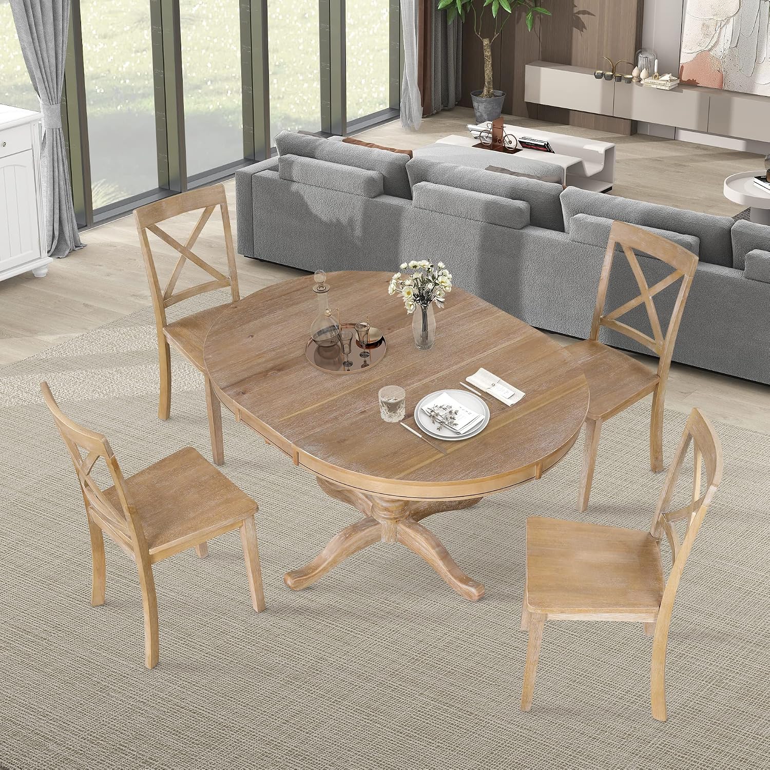 Harper & Bright Designs Modern Dining Table Set for 4,Round Table and 4 Kitchen Room Chairs,5 Piece Kitchen Table Set for Dining Room,Dinette,Breakfast Nook,Natural Wood Wash