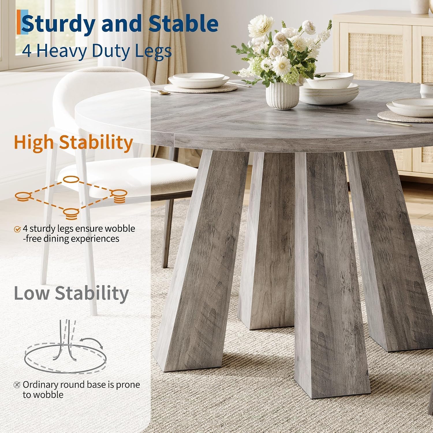 IDEALHOUSE 47' Round Dining Table for 4-6, Wood Kitchen Table with Sturdy Base, Farmhouse Circle Dinner Table for Dining Room, Living Room, 4 Strong Legs, Grey