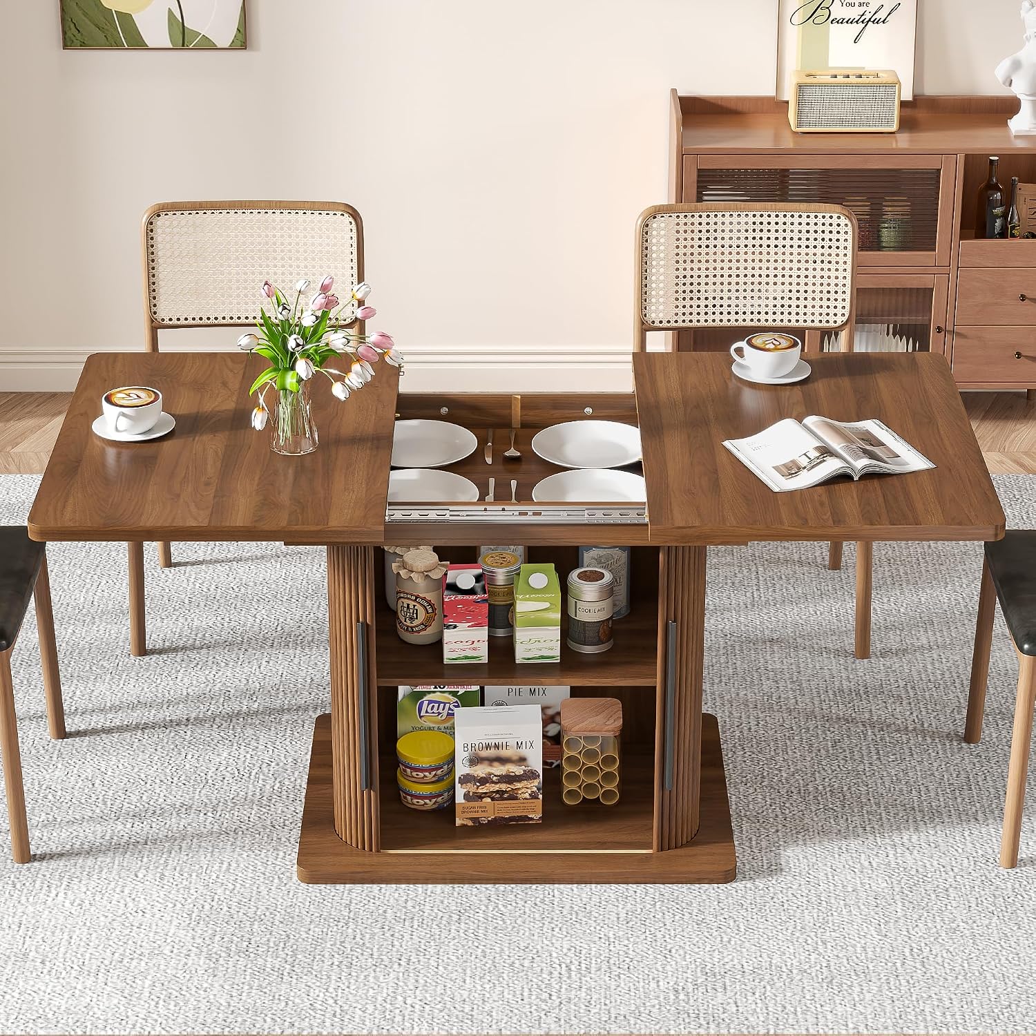 Extendable Dining Room Table for 4-6, 47-65 Inch Rectangle Kitchen Dining Table with Large Storage, Fluted Sliding Door, Expandable Mid Century Modern Dinner Furniture, Living Room, Walnut, Brown