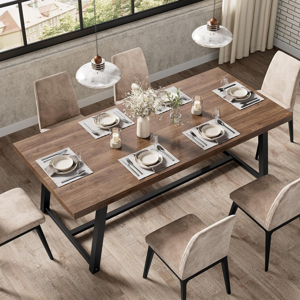 IRONCK 71' Dining Table for 6-8 People, Industrial Kitchen Table with Sturdy Metal Frame, Rectangular Brown Wood Dinner Table for Dining Room