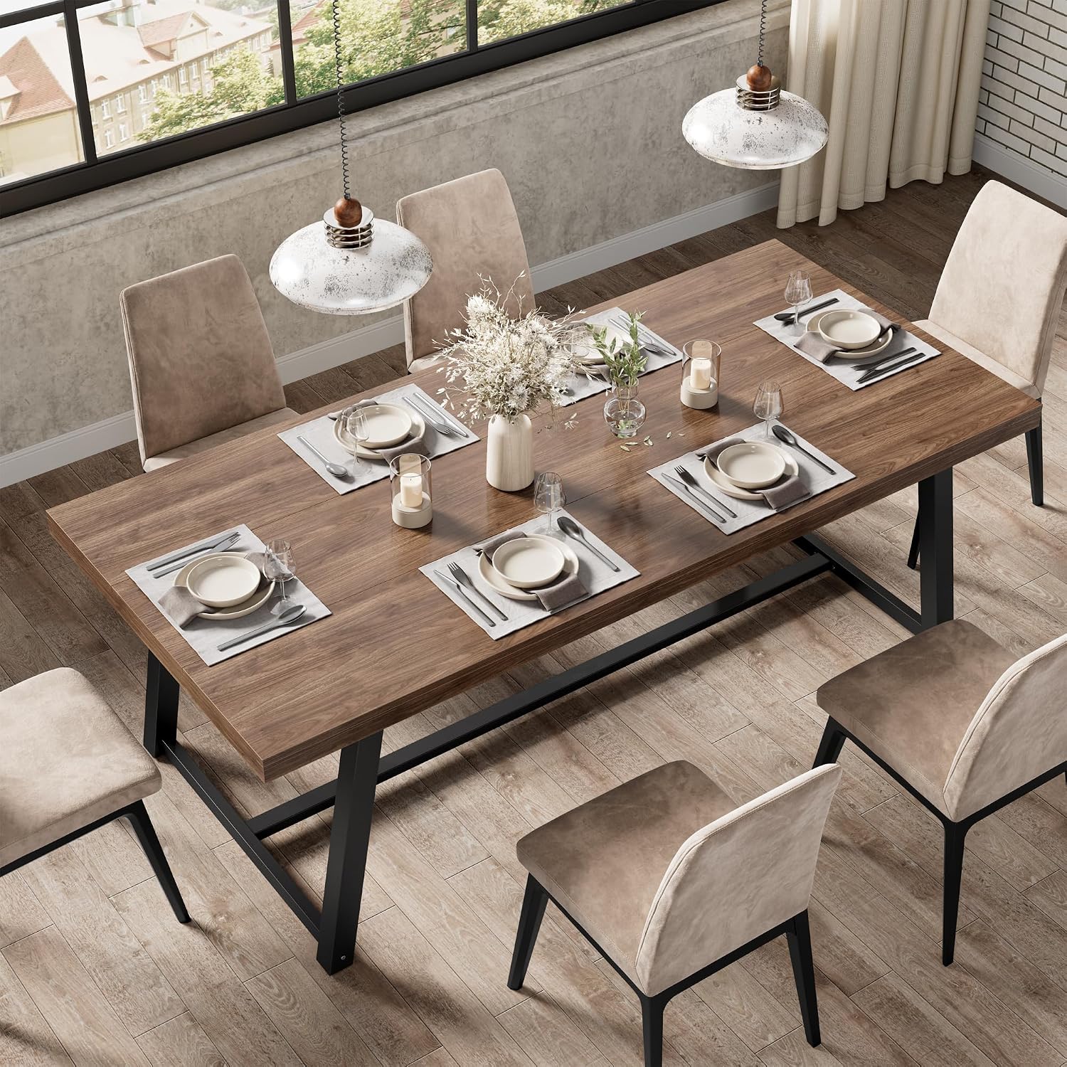 IRONCK 71' Dining Table for 6-8 People, Industrial Kitchen Table with Sturdy Metal Frame, Rectangular Brown Wood Dinner Table for Dining Room
