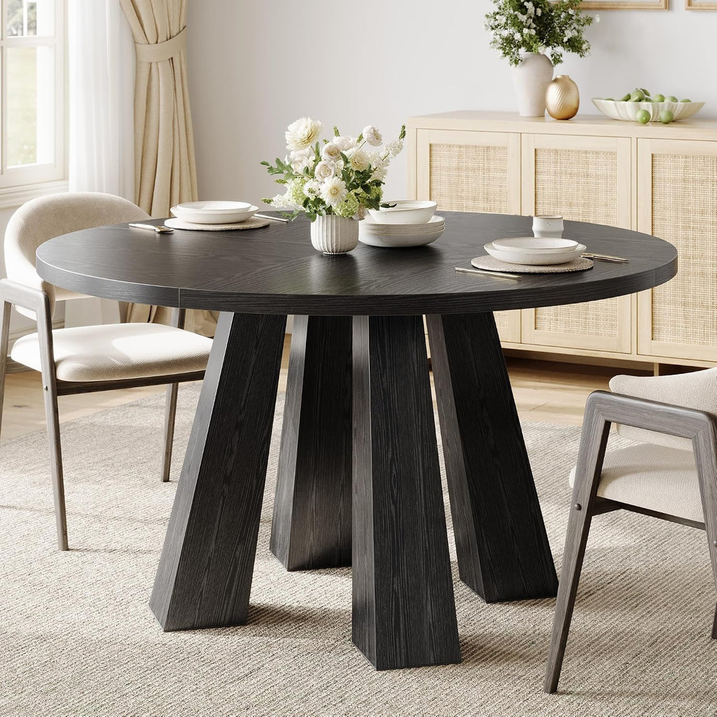 IDEALHOUSE 47' Round Dining Table for 4-6, Wood Kitchen Table with Sturdy Base, Farmhouse Circle Dinner Table for Dining Room, Living Room, 4 Strong Legs, Black