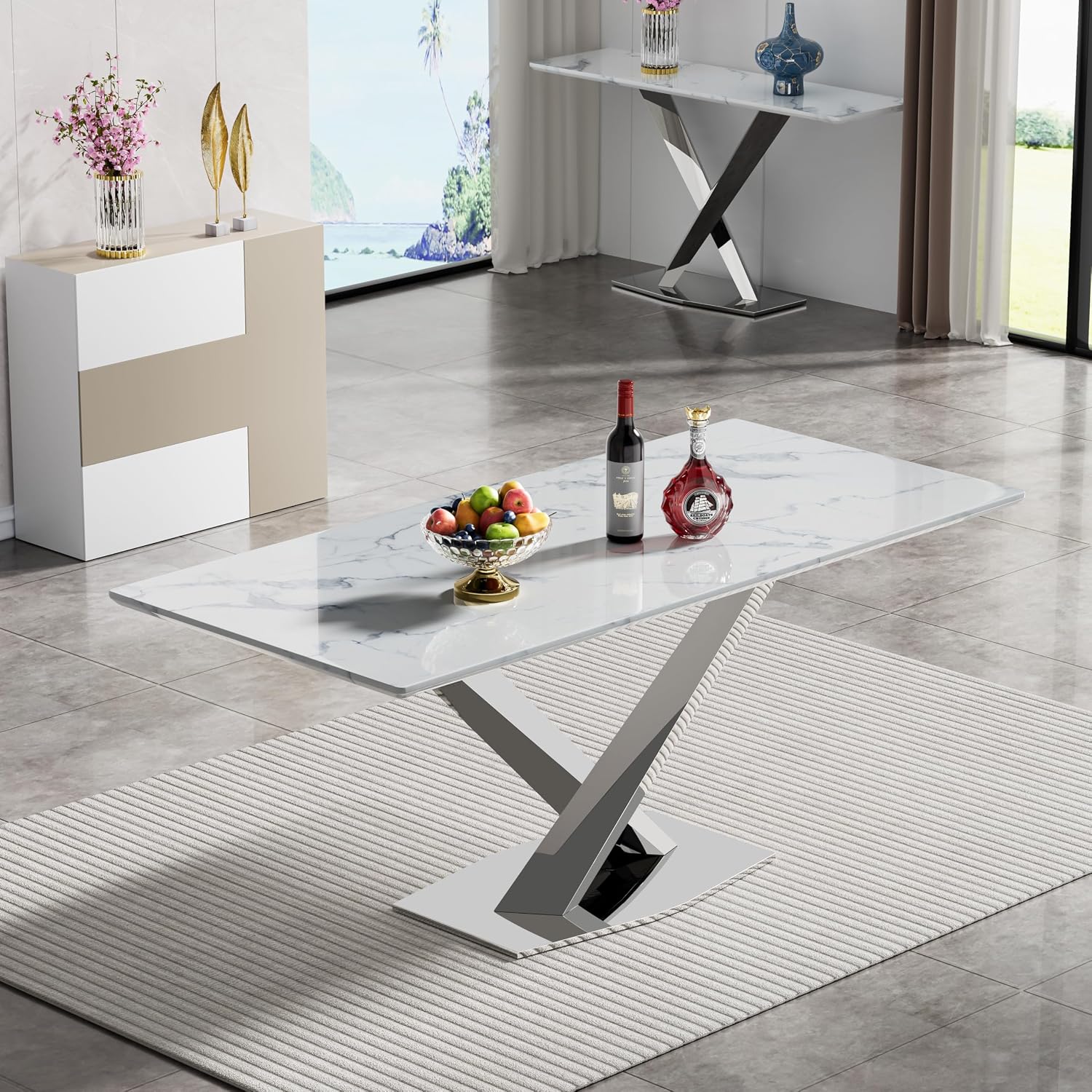 70' White Marble Dining Table for 4 to 6, Modern Faux Marble Kitchen Table with Silver X Shape Stainless Steel Pedestal, Luxury Rectangular Kitchen Dining Room Table for Breakfast Dinette Dinner Party