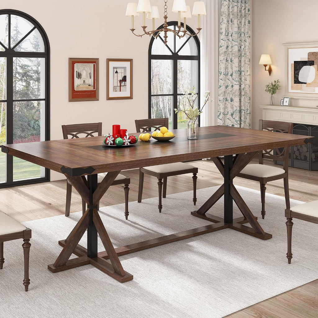 Hlivelood 78 Inch Dining Table for 8 People, Rectangular Kitchen Farmhouse Table W/Thickness Waterproof Wood Tabletop,Long Dining Room Tables W/Wood Strip Base for Kitchen Living Room(78IN Brown)
