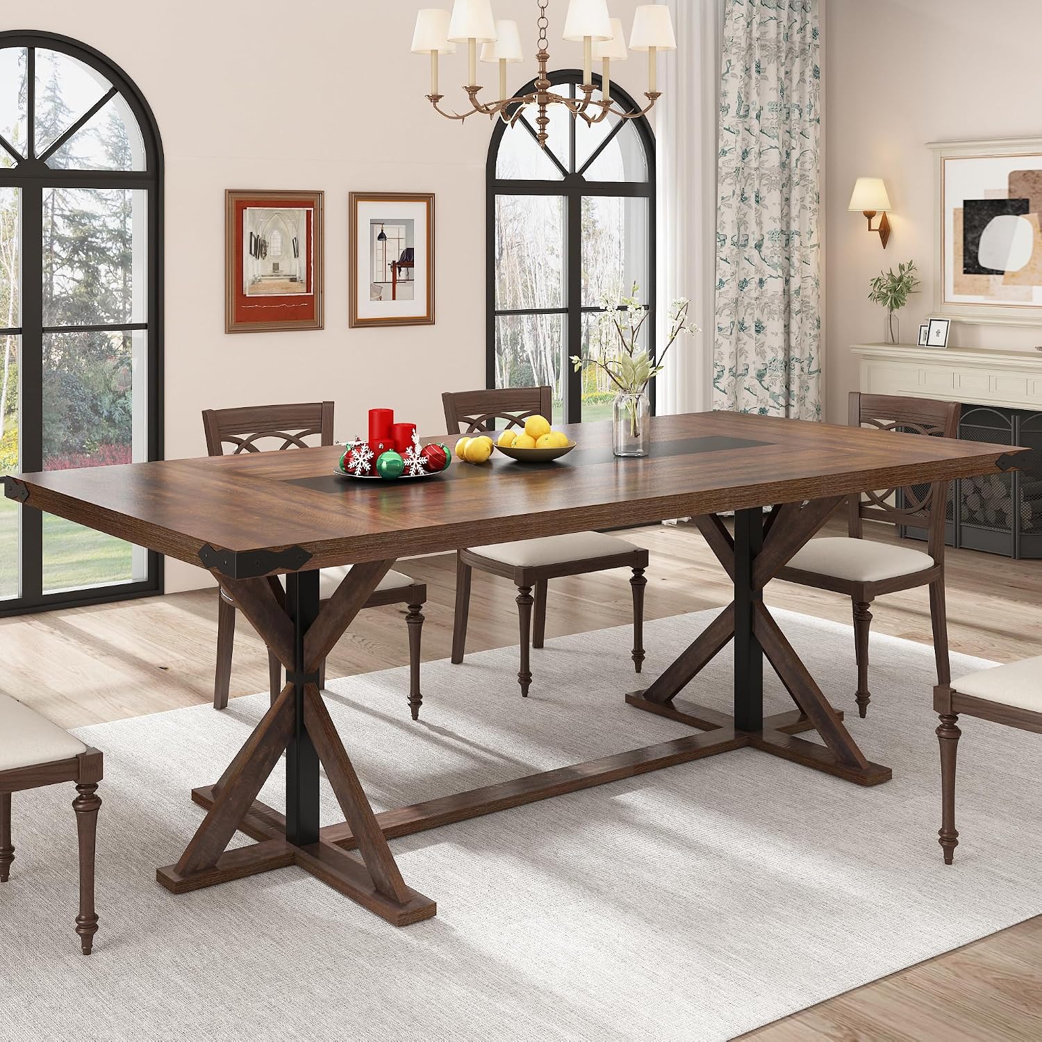 Hlivelood 78 Inch Dining Table for 8 People, Rectangular Kitchen Farmhouse Table W/Thickness Waterproof Wood Tabletop,Long Dining Room Tables W/Wood Strip Base for Kitchen Living Room(78IN Brown)