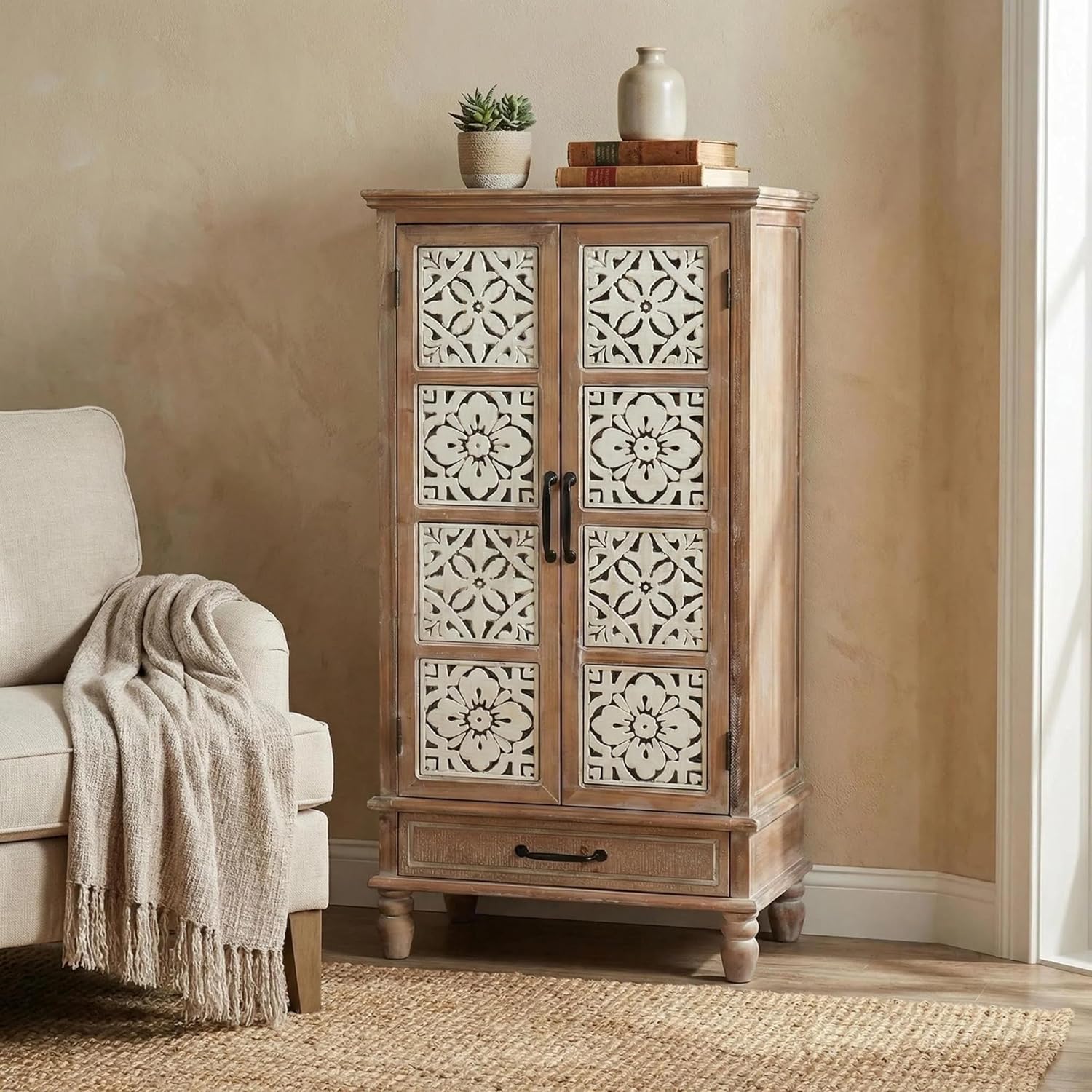 LKTART 55' Tall Vintage Sideboards Carved Wood Buffet Cabinet,Farmhouse Pantry Decorative Cabinet with Carved Doors and Drawers for Home Decor and Finishing Fir Wood