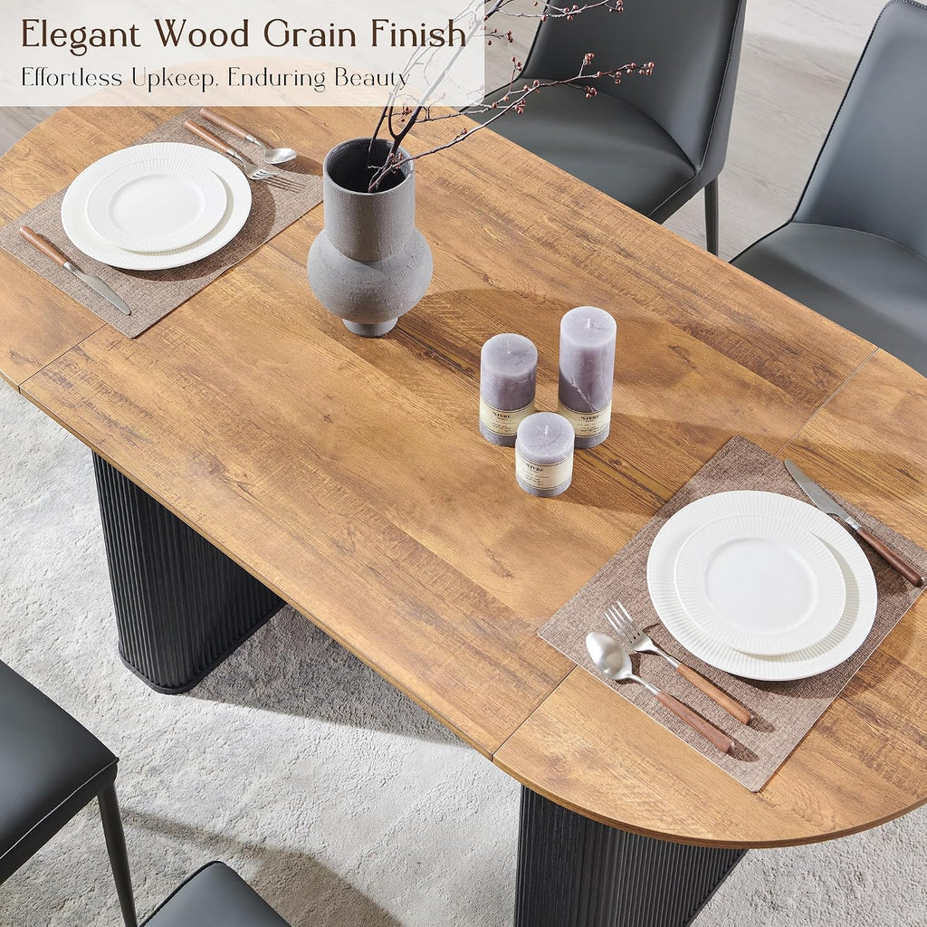 T4TREAM 63' Fluted Oval Dining Table for 4-6, Mid-Century Modern Kitchen Table with Thickened Edge & Strip Base, Wood Luxury Table for Dining Room/Kitchen/Home Office, Gold Brown&Black(Table Only)
