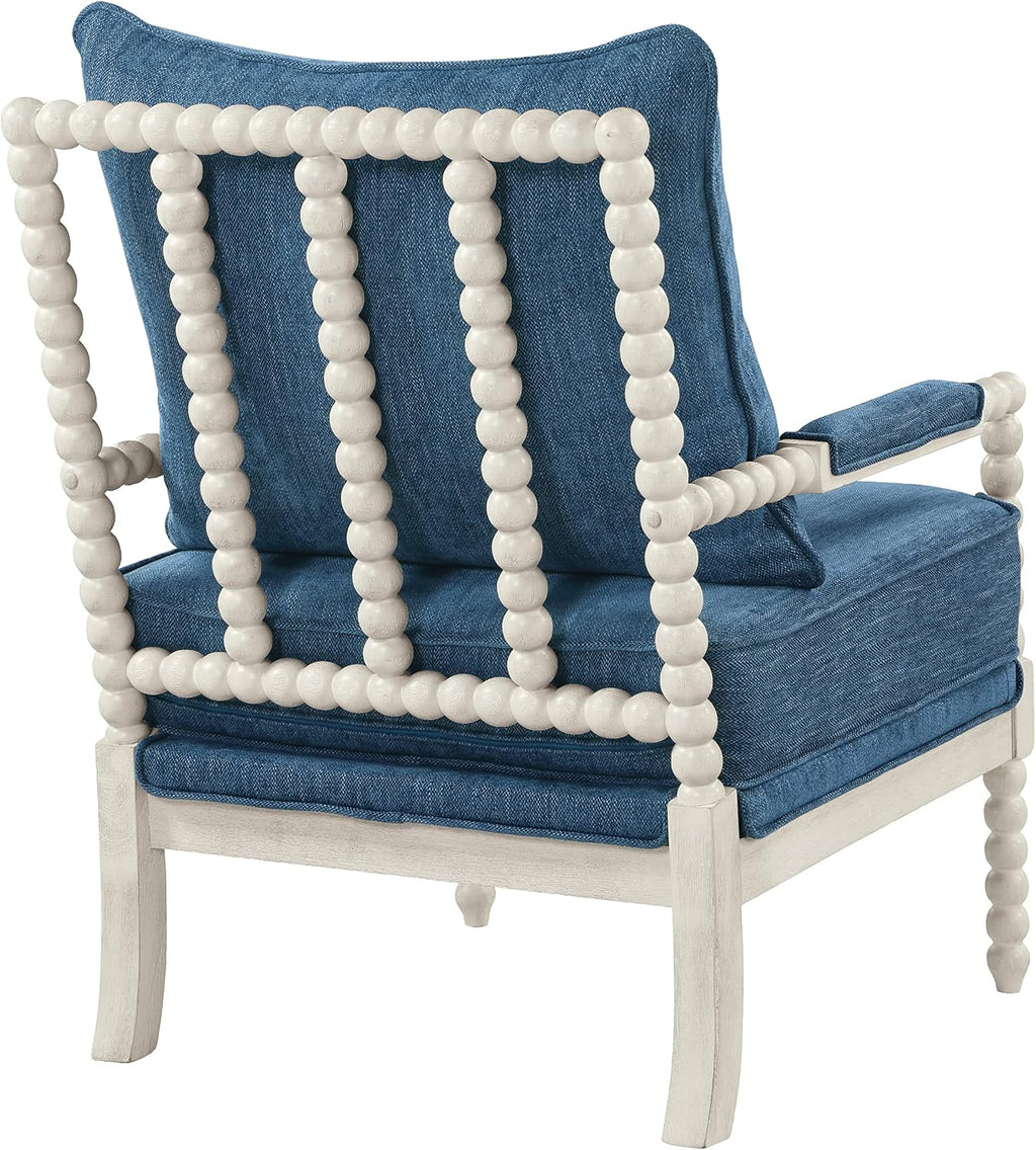 OSP Home Furnishings Kaylee Spindle Accent Chair with Antique White Wood Frame, Navy Blue Fabric