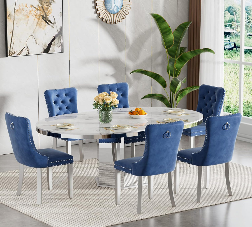 7 Pieces 47'-63' White Faux Marble Extendable Dining Table Set, Round Expanding Kitchen and Dining Room Table Set for 6 with Mirrored Acrylic Base & Blue Velvet Upholstered Chairs
