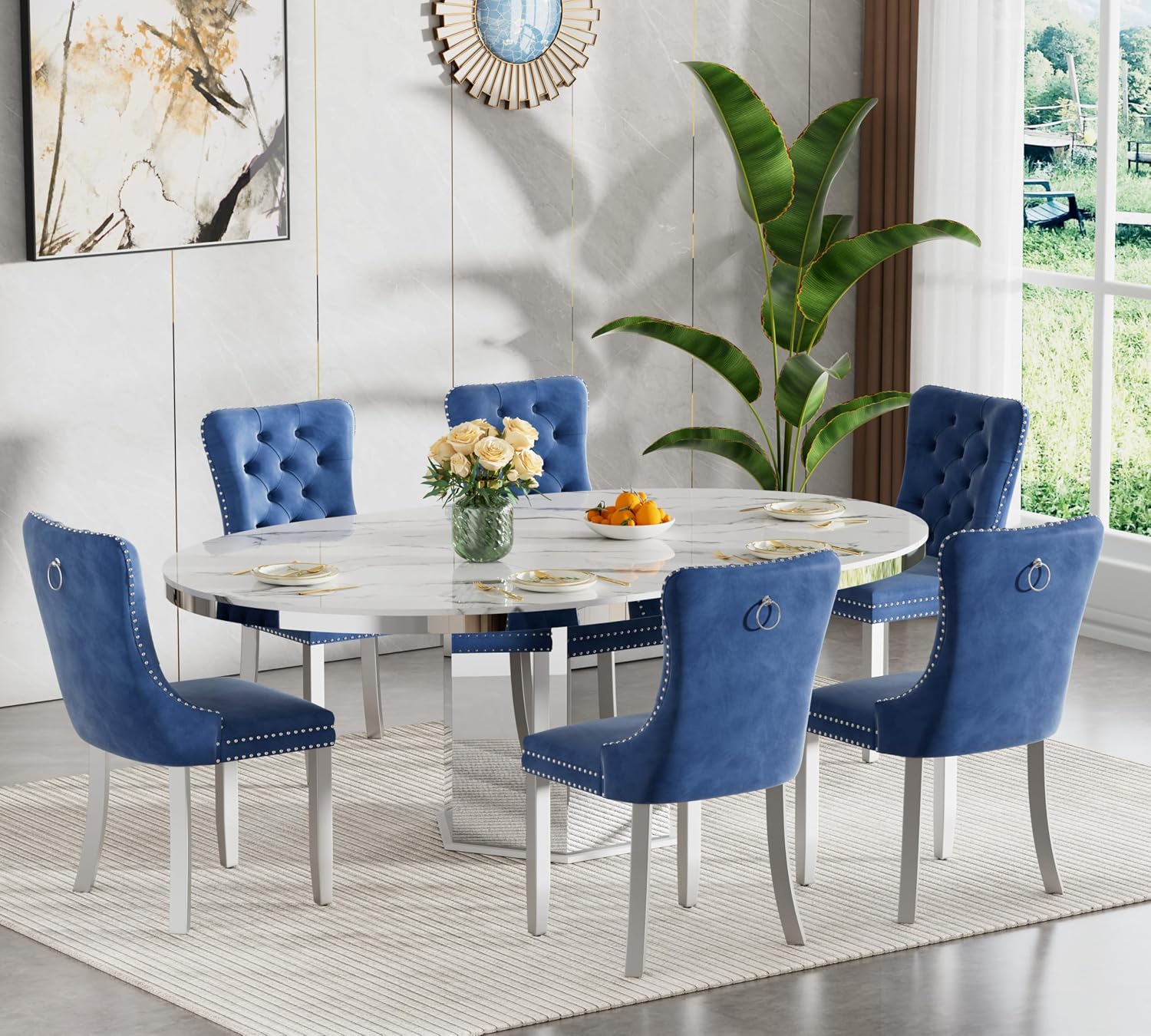 7 Pieces 47'-63' White Faux Marble Extendable Dining Table Set, Round Expanding Kitchen and Dining Room Table Set for 6 with Mirrored Acrylic Base & Blue Velvet Upholstered Chairs