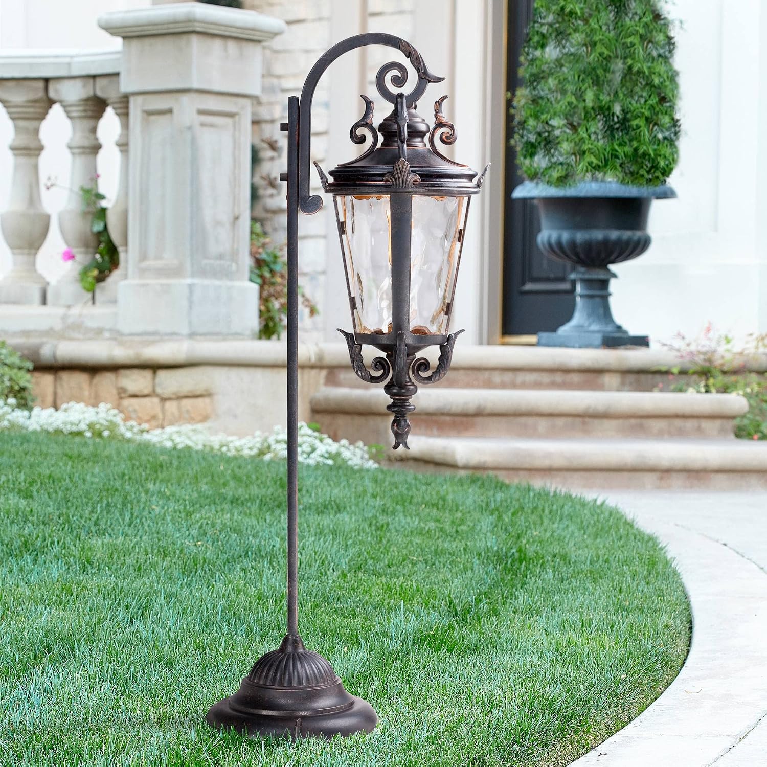 John Timberland Casa Marseille 35' High Traditional Outdoor Landscape Path Lights Porch House Exterior Outside Set of 2 LED Bulb Weatherproof Brown Bronze Finish Metal Clear Hammered Glass Shade