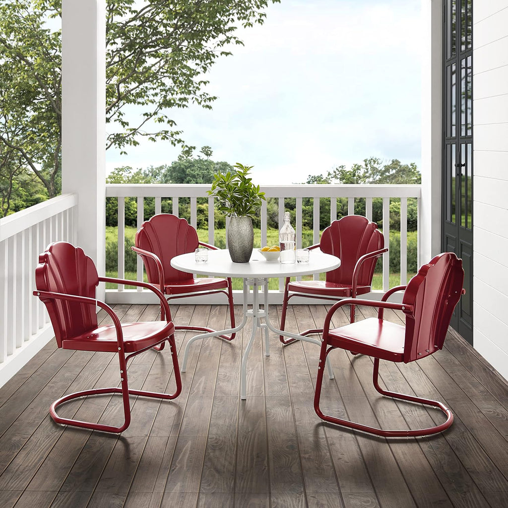 Crosley Furniture Tulip 5-Piece Outdoor Dining Set for 4, Retro Metal Round Patio Table and Chairs for Deck, Dark Red Satin