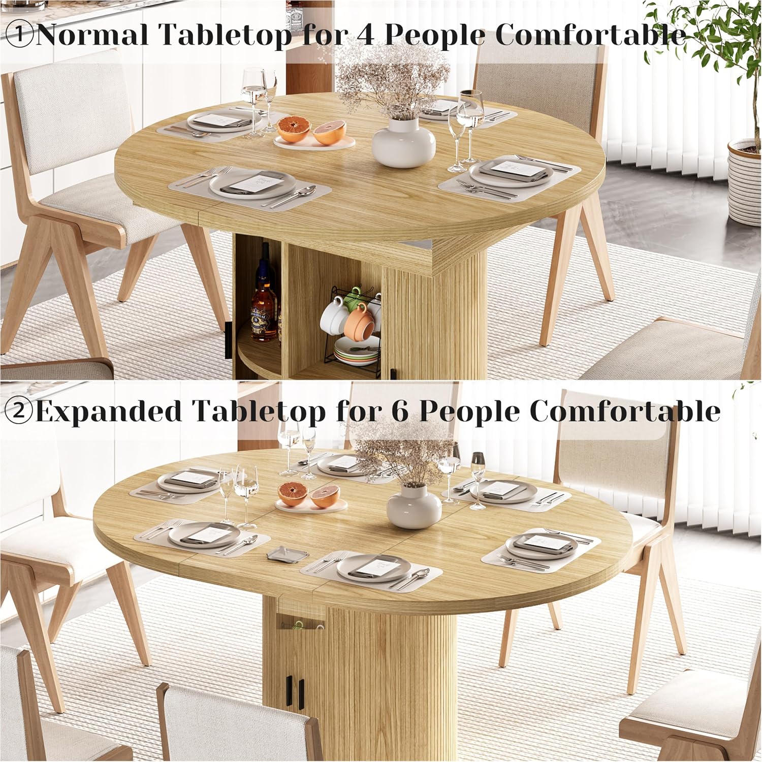 Vipbear Extendable Dining Table 43-59' for 4-6 People, Solid Wood Top with Fluted Slide Door & 8-Compartment Storage, Space Saving Round Dining Room Kitchen Dinner Tables Furniture with Pedestal Base