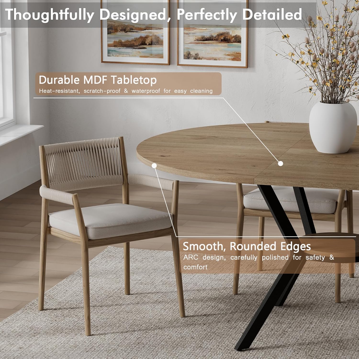 42'-58' Extendable Round Dining Table with Built-in Flip Leaf, Modern Oval Kitchen Table for 4-6, Space-Saving Small Room Furniture with Storage Shelf and X-Shaped Metal Base