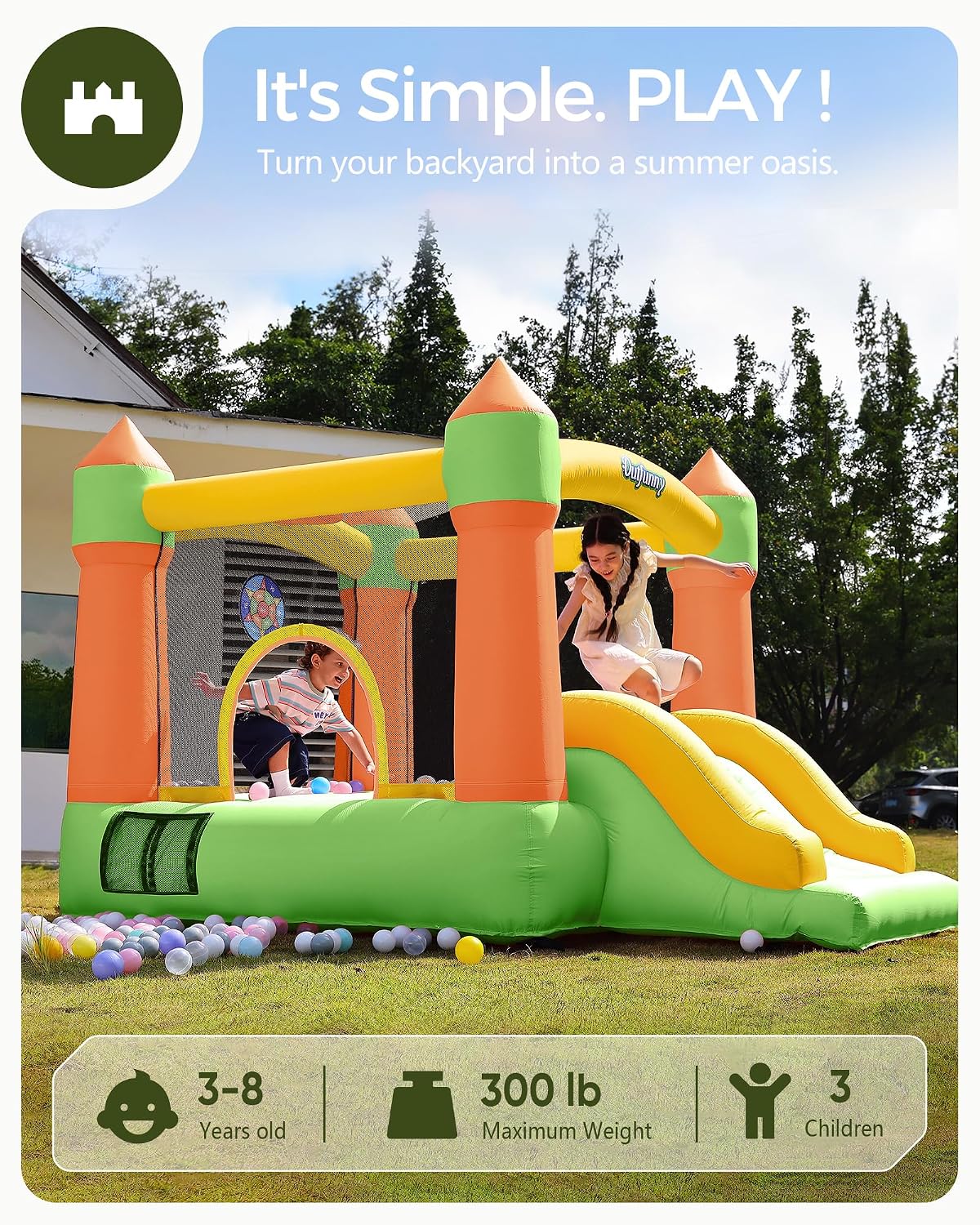 Outfunny Indoor Bounce House with Slide, Inflatable Bouncy House for Kids 3-8, Bounce Area 6'x6', Capacity 300 lb - Green