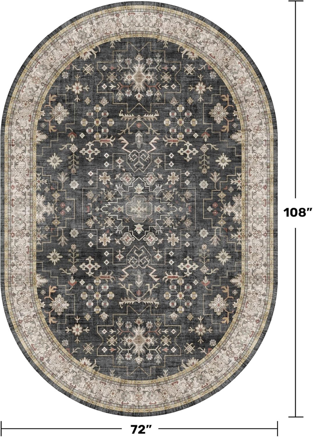 Boho Black Oval Area Rug 6x9 for Living Room, Vintage Washable Large Area Rug for Dining Room, Low Pile Non-Slip Rugs for Bedroom, Office - Charming Farmhouse Decor & Stain Resistant (6x9 Black/Multi)