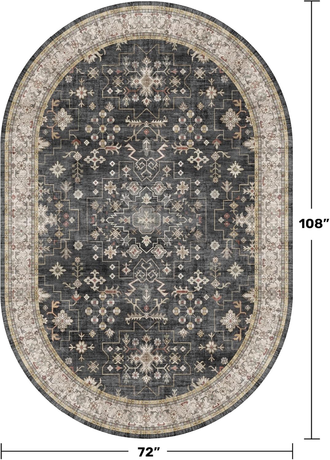 Boho Black Oval Area Rug 6x9 for Living Room, Vintage Washable Large Area Rug for Dining Room, Low Pile Non-Slip Rugs for Bedroom, Office - Charming Farmhouse Decor & Stain Resistant (6x9 Black/Multi)