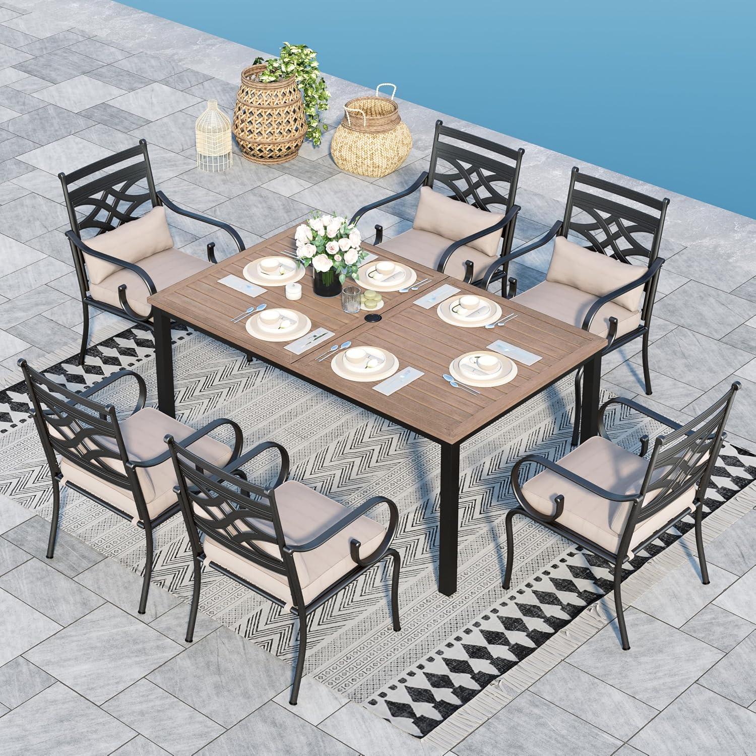 Sophia & William Outdoor Patio Dining Set for 6 | Outdoor Table and Chairs | Removable Seat Cushions | 64' Metal Tabletop with Wood Texture
