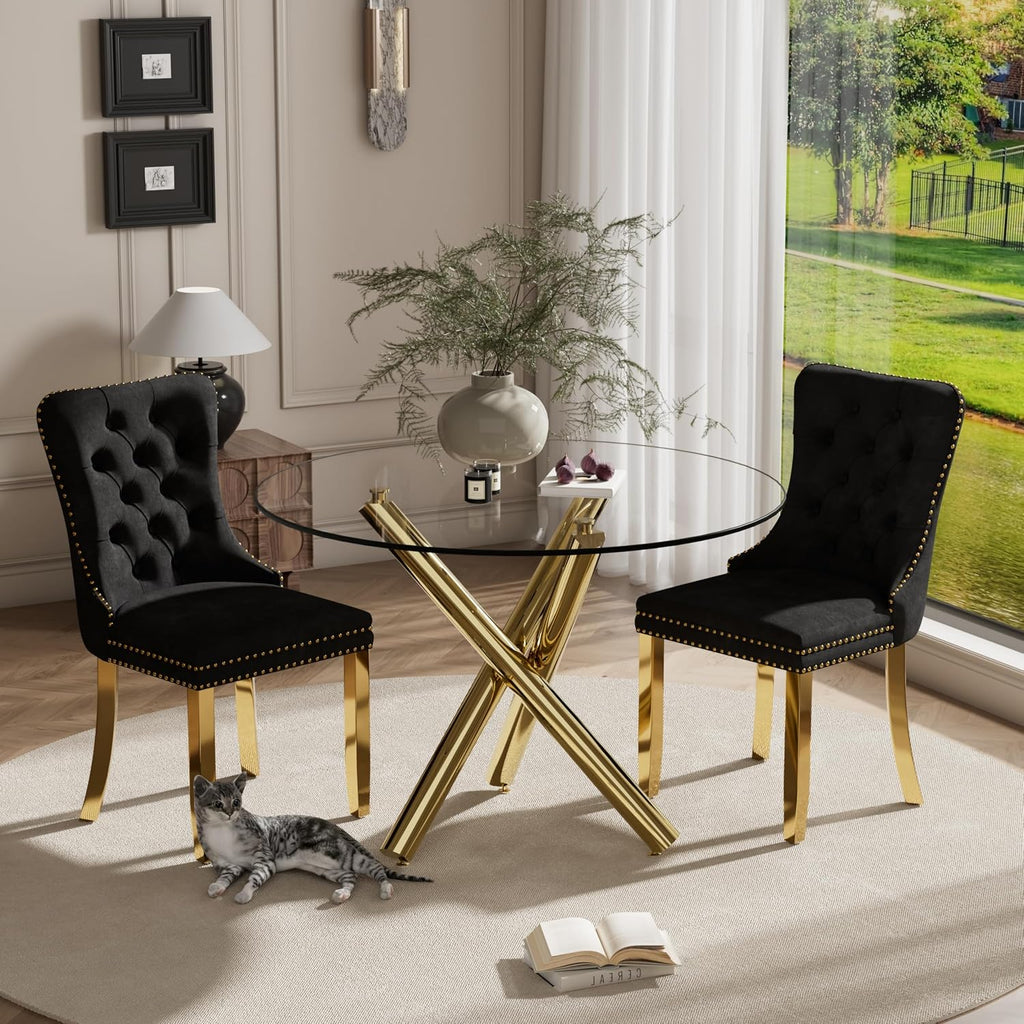 3 Piece Clear Round Glass Top Dining Set, 36'' Mid Century Modern Circle Dinner Room Set, 2 Person Luxury Circular Kitchen Table Set, Black High-end Tufted Chairs, for Small Apartment (Gold)
