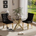 3 Piece Clear Round Glass Top Dining Set, 36'' Mid Century Modern Circle Dinner Room Set, 2 Person Luxury Circular Kitchen Table Set, Black High-end Tufted Chairs, for Small Apartment (Gold)