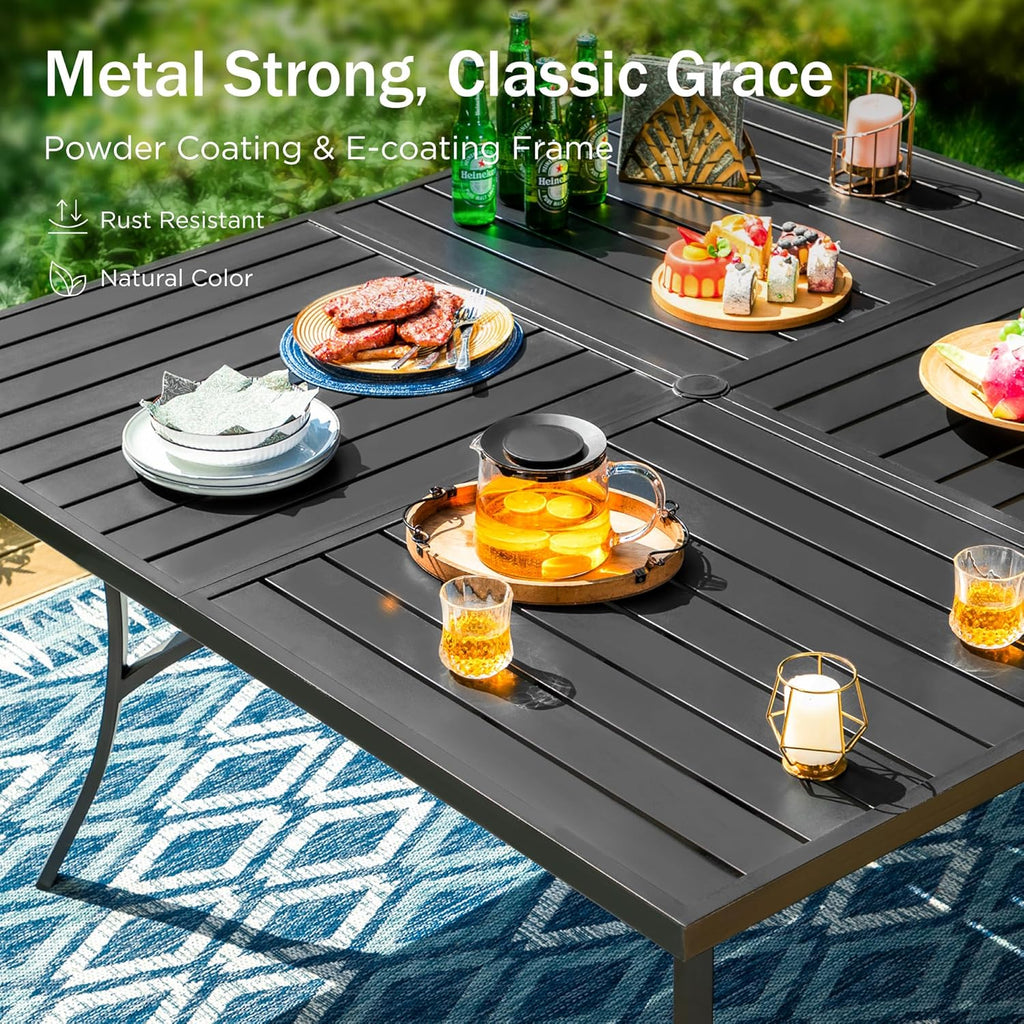 PHI VILLA Large Outdoor Square Dining Table for 8, 57.5' Metal Steel Slat Table with Umbrella Hole, Weather-Resistant Dining Fruniture for Patio, Deck, Backyard, Porch - Black