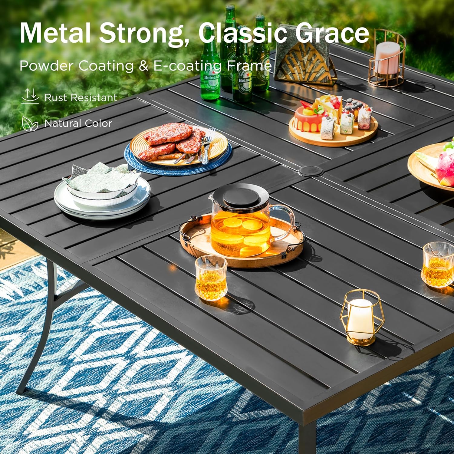 PHI VILLA Large Outdoor Square Dining Table for 8, 57.5' Metal Steel Slat Table with Umbrella Hole, Weather-Resistant Dining Fruniture for Patio, Deck, Backyard, Porch - Black