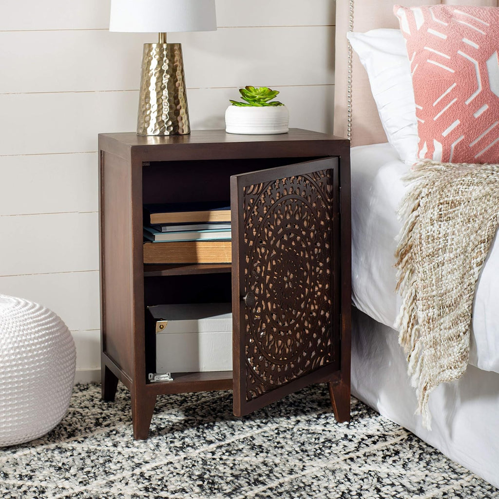 SAFAVIEH Furniture - Thea 1-Door Carved Nightstand - Brown - Mango Wood - Artisan Global Design - Ideal for Bedroom, 20'W x 14'D x 26'H - Fully Assembled (NST5300A)