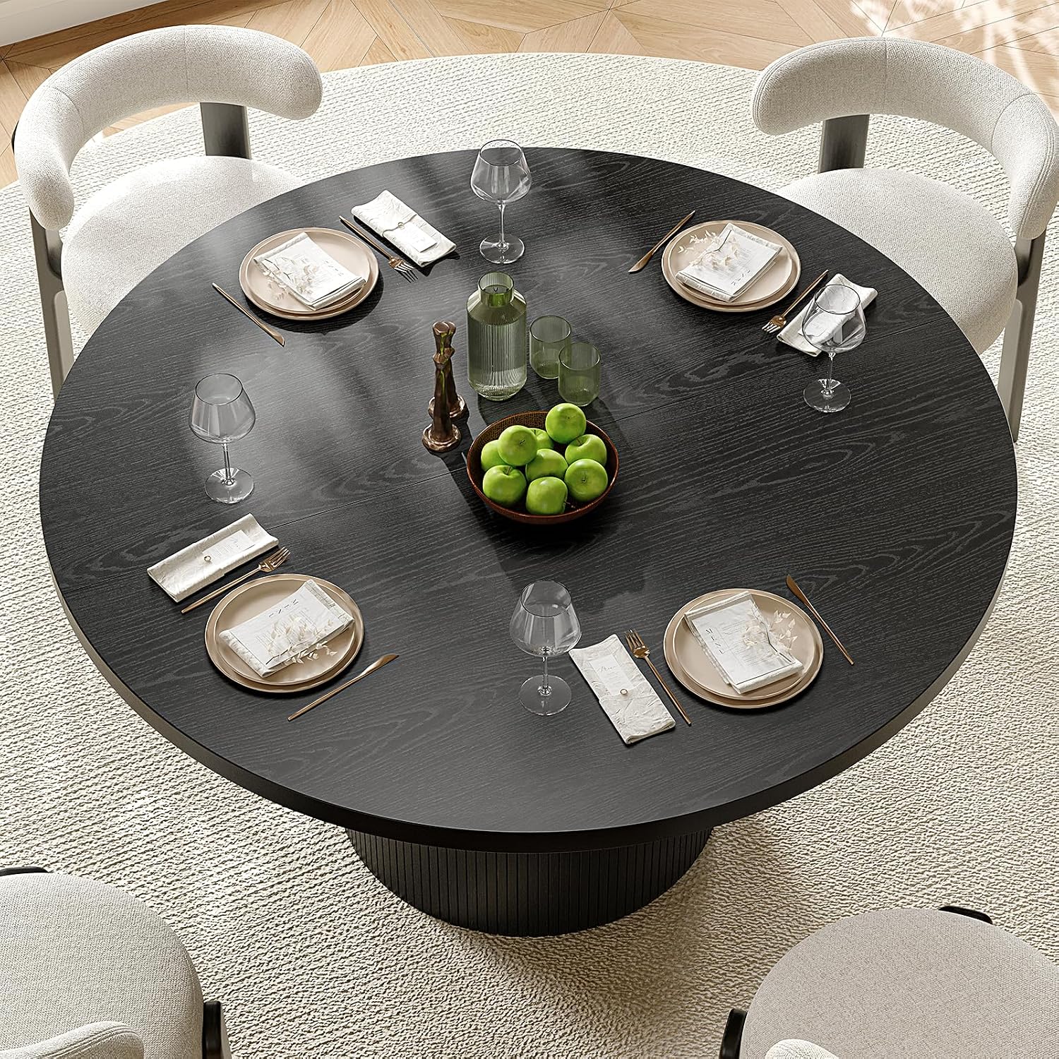 47 inch Round Dining Table for 4, Circle Kitchen Table with Wood Strip Base, Modern Farmhouse Dinner Tables for Kitchen, Living Room (Black)