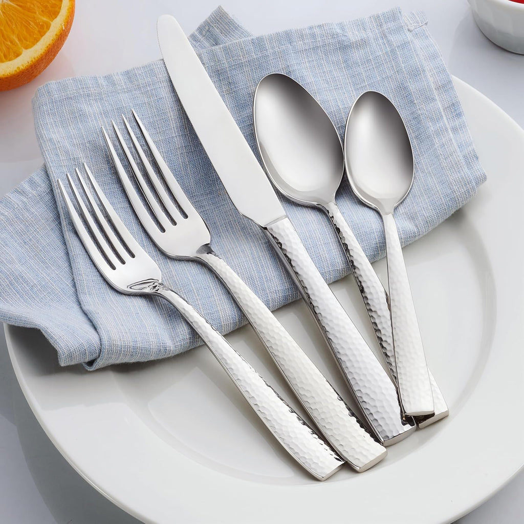 Hudson Essentials 65-Piece Hammered 18/10 Stainless Steel Silverware Cutlery Set, Flatware Service for 12