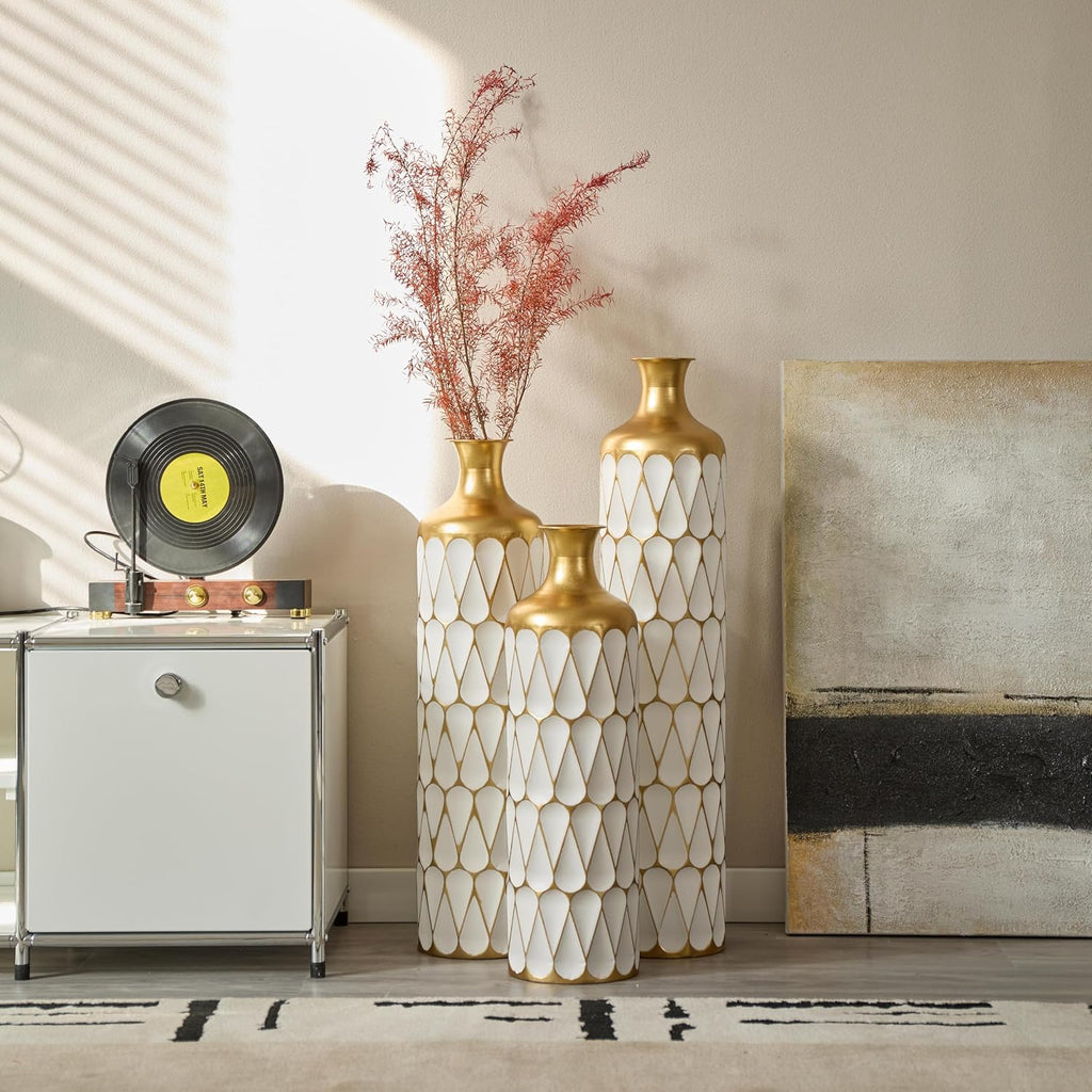 Decorative Floor Vases Set of 3, White and Gold Floral Pattern, Tall Ceramic Standing Vases for Home Decor (Gold+White Balloon)