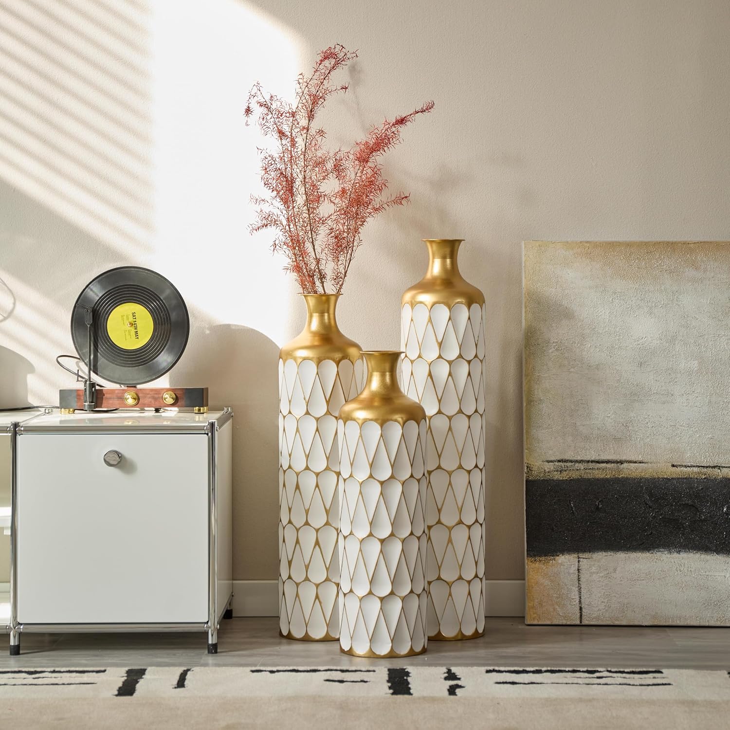 Decorative Floor Vases Set of 3, White and Gold Floral Pattern, Tall Ceramic Standing Vases for Home Decor (Gold+White Balloon)