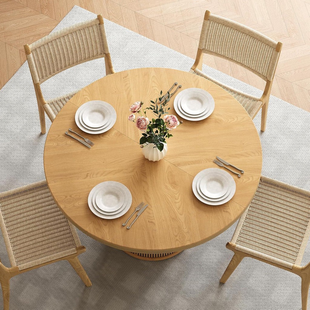 47 inch Round Dining Table for 4, Farmhouse Kitchen Table with 2-Layer Storage Shelf and Wood Slide Door Modern Dinner Table or Home Dining Room Living Room (Natural)